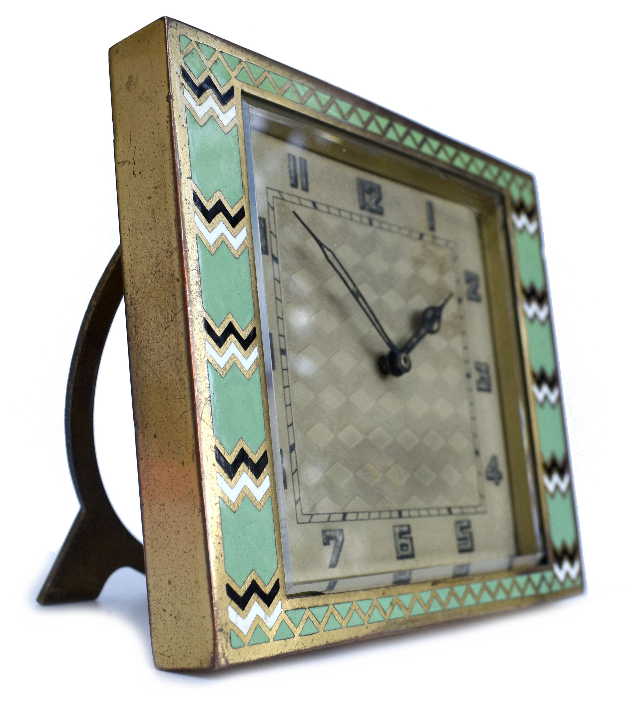 Art Deco Brass And Enamel Clock, English, c1930 For Sale 2