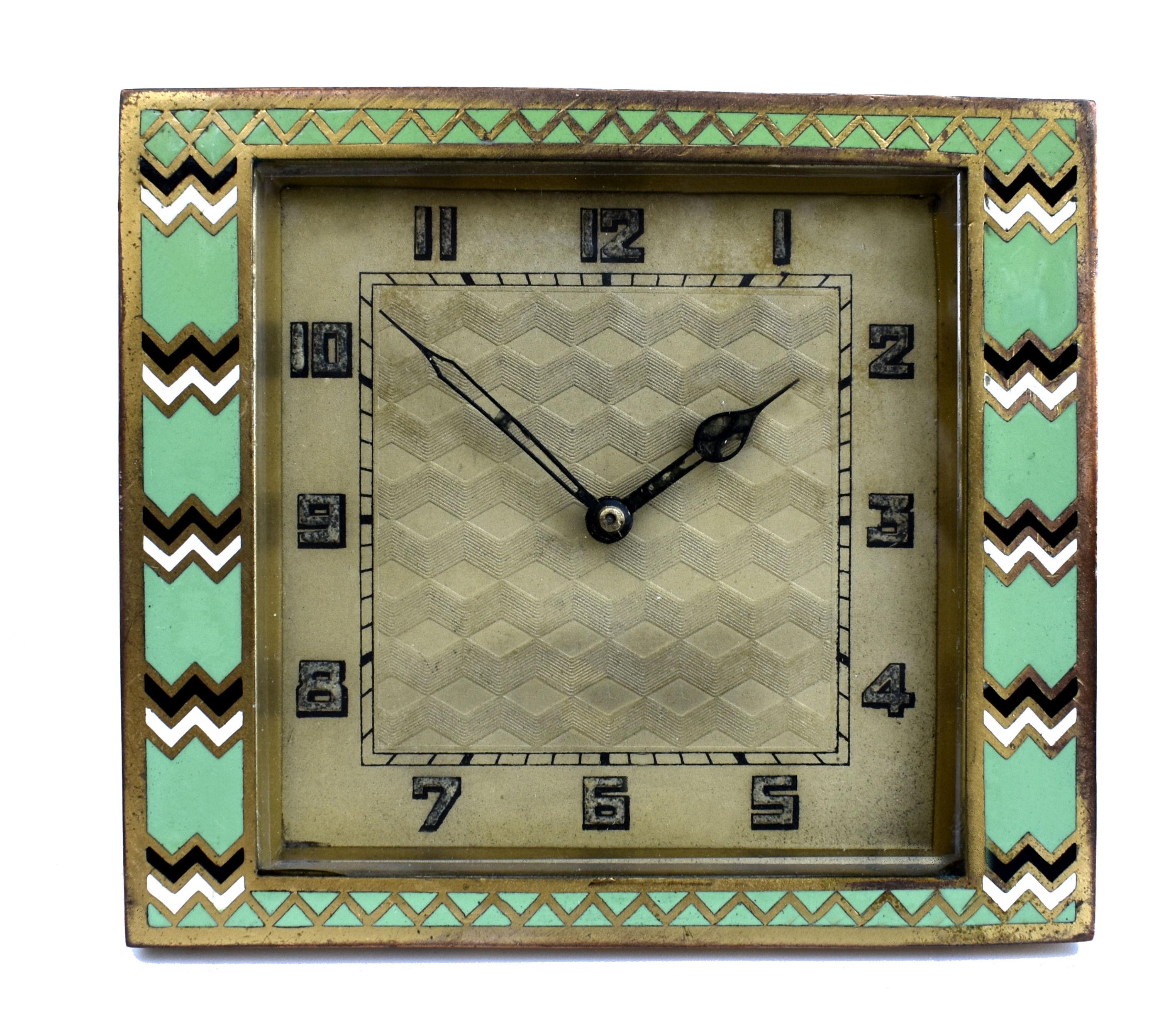 Art Deco Brass And Enamel Clock, English, c1930 For Sale 3