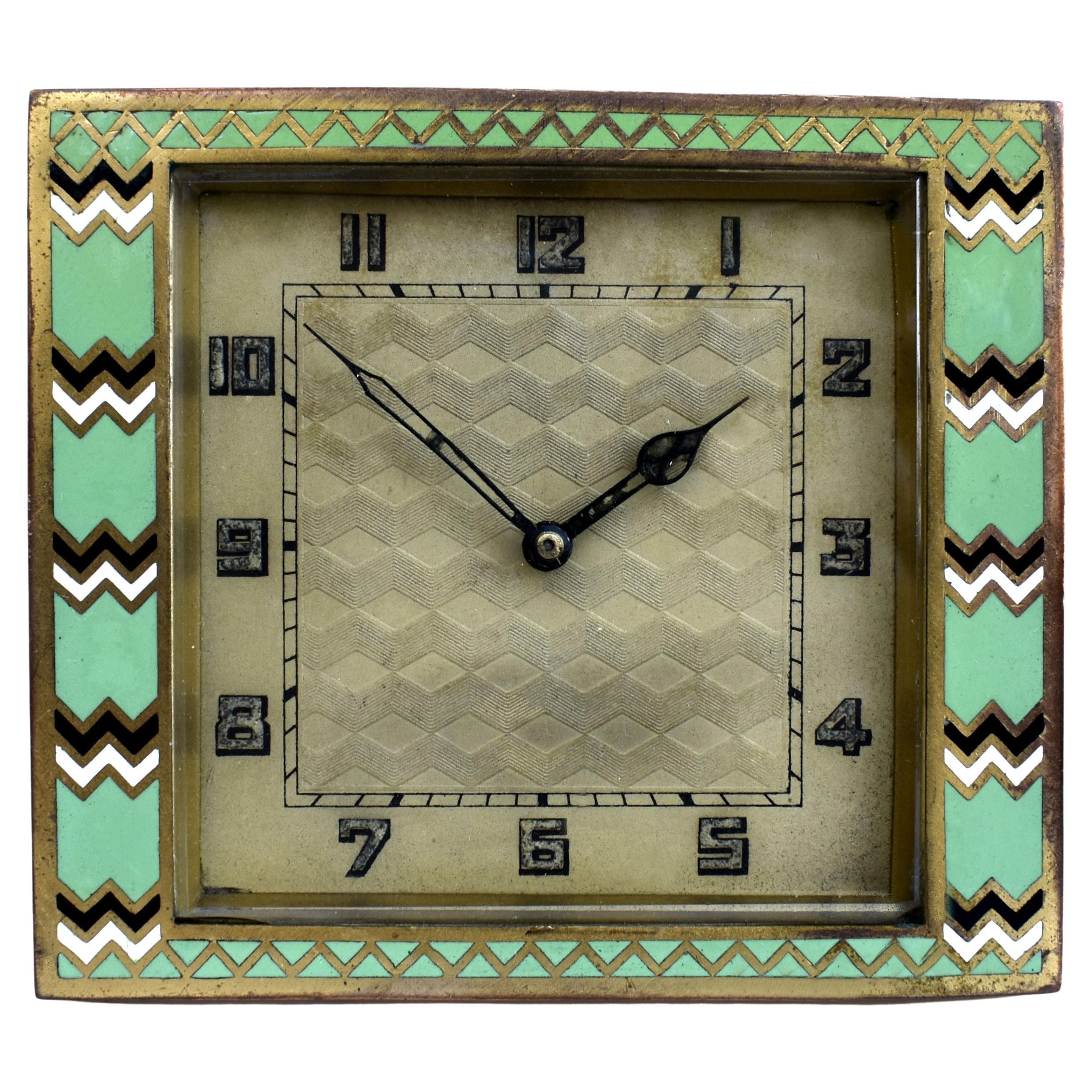 Art Deco Brass And Enamel Clock, English, c1930 For Sale