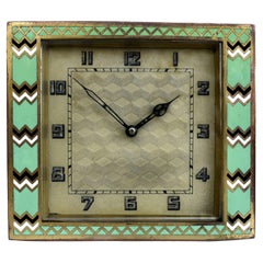 Retro Art Deco Brass And Enamel Clock, English, c1930