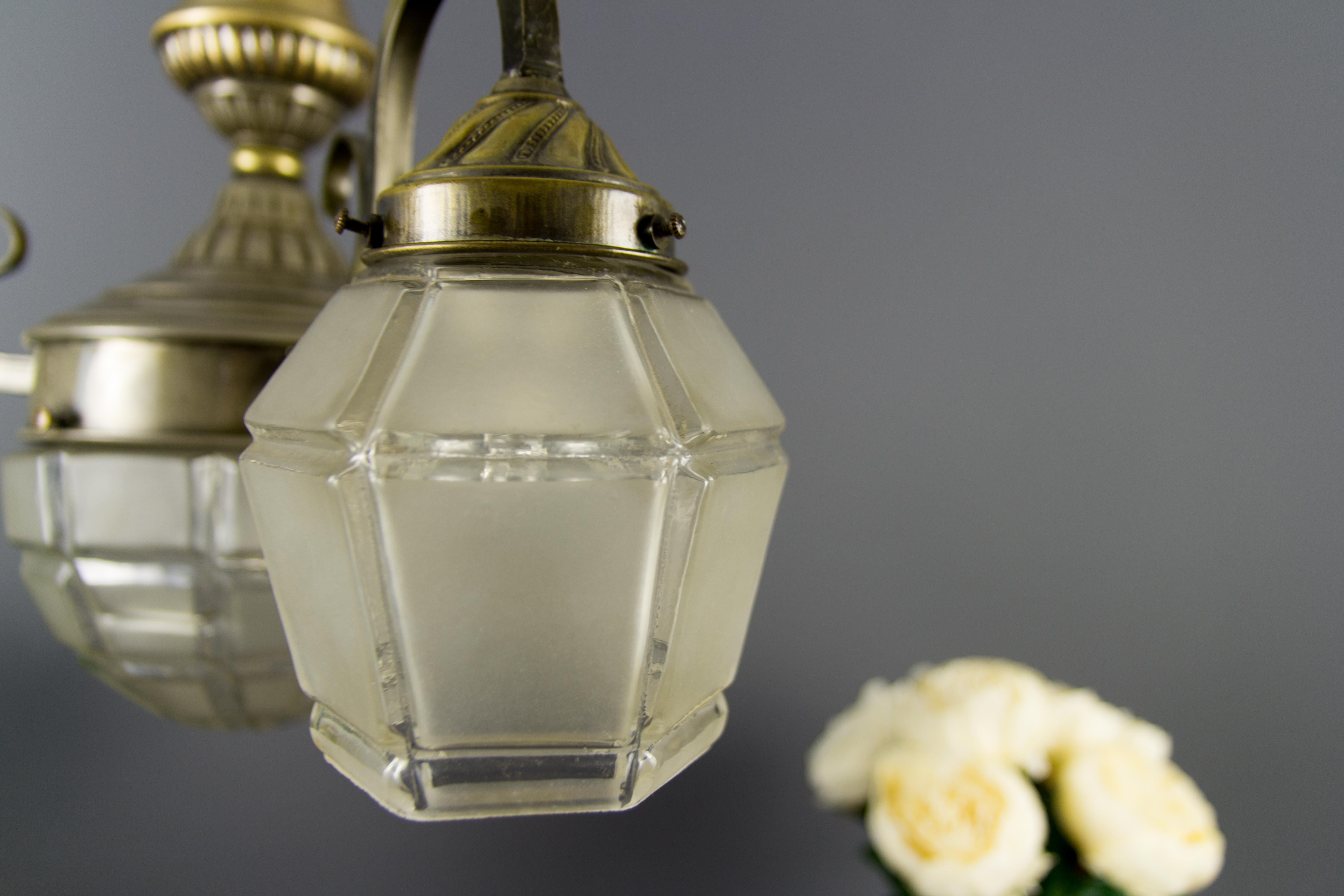 Art Deco Brass and White Frosted Glass Four-Light Chandelier, 1930s For Sale 2