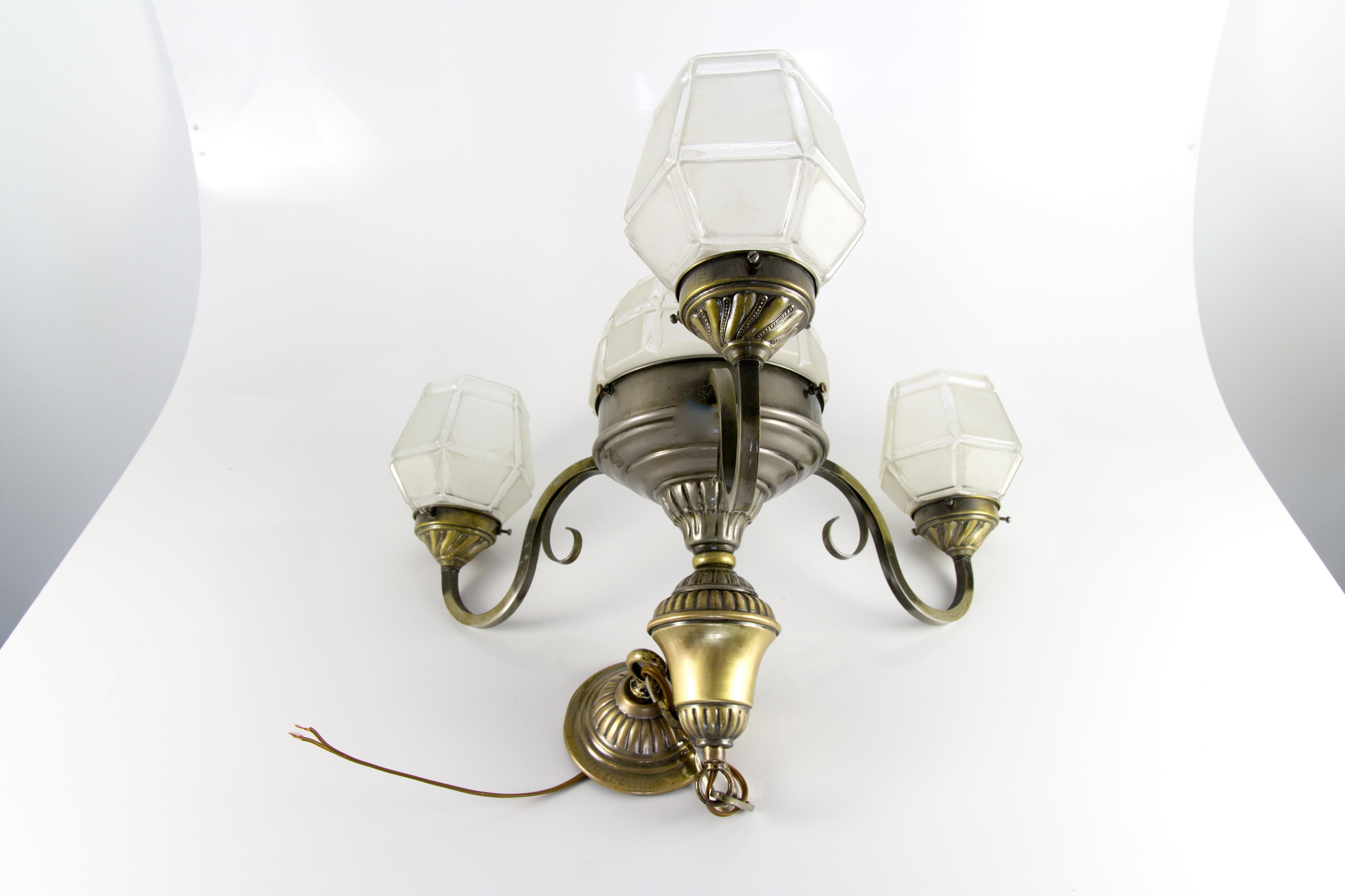 Art Deco Brass and White Frosted Glass Four-Light Chandelier, 1930s For Sale 6