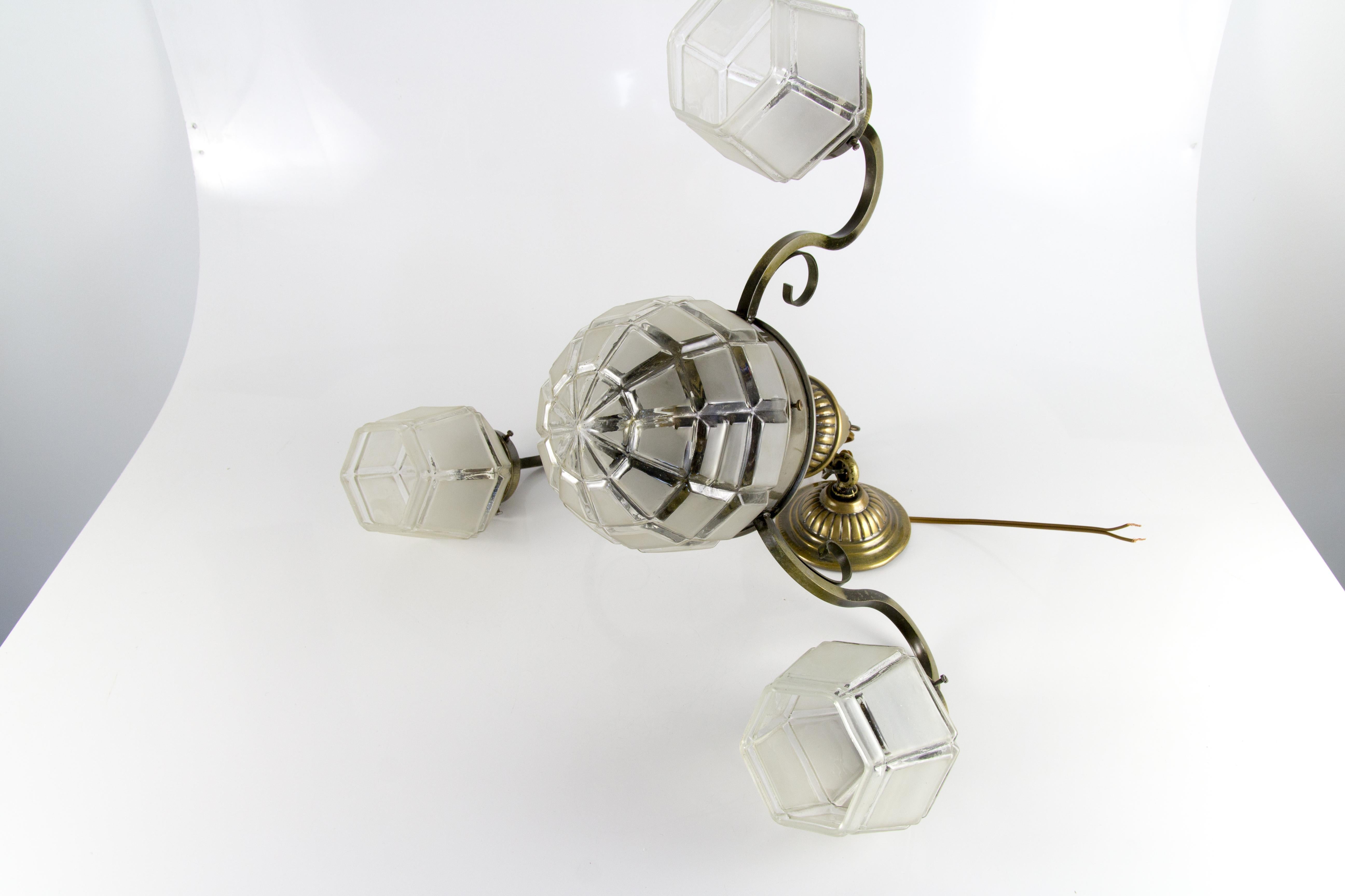 Art Deco Brass and White Frosted Glass Four-Light Chandelier, 1930s For Sale 8