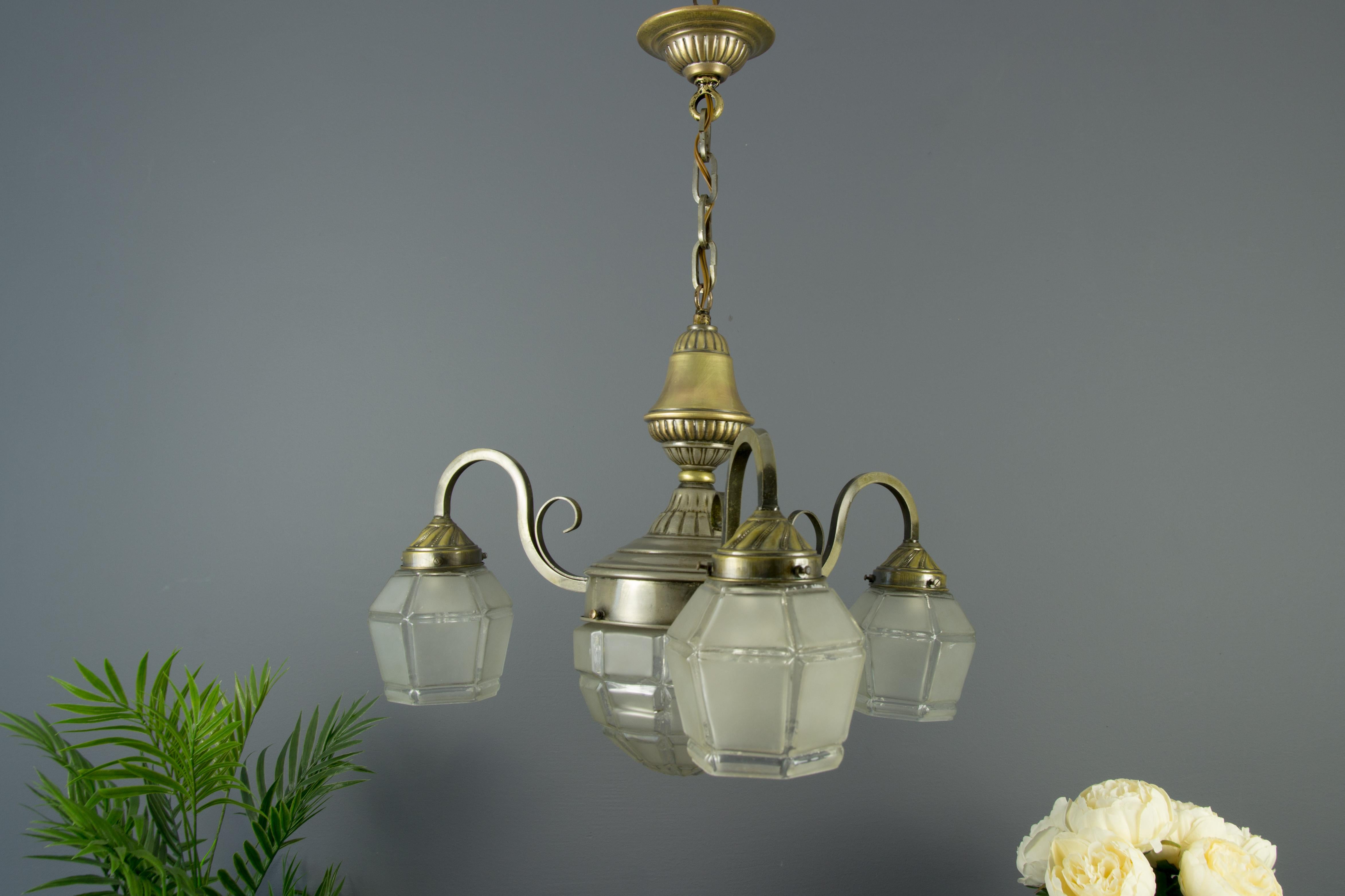 French Art Deco Brass and White Frosted Glass Four-Light Chandelier, 1930s For Sale