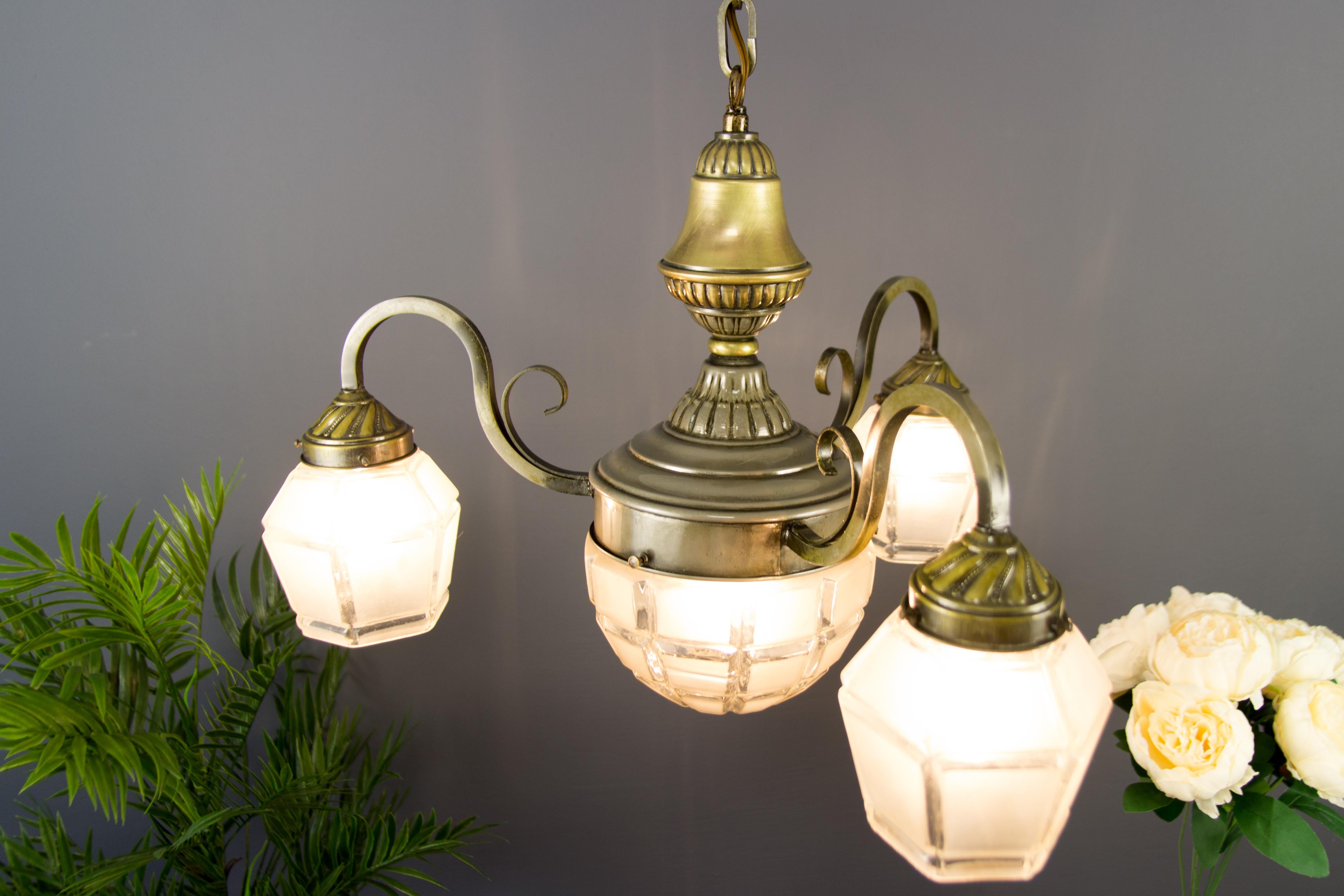 Mid-20th Century Art Deco Brass and White Frosted Glass Four-Light Chandelier, 1930s For Sale