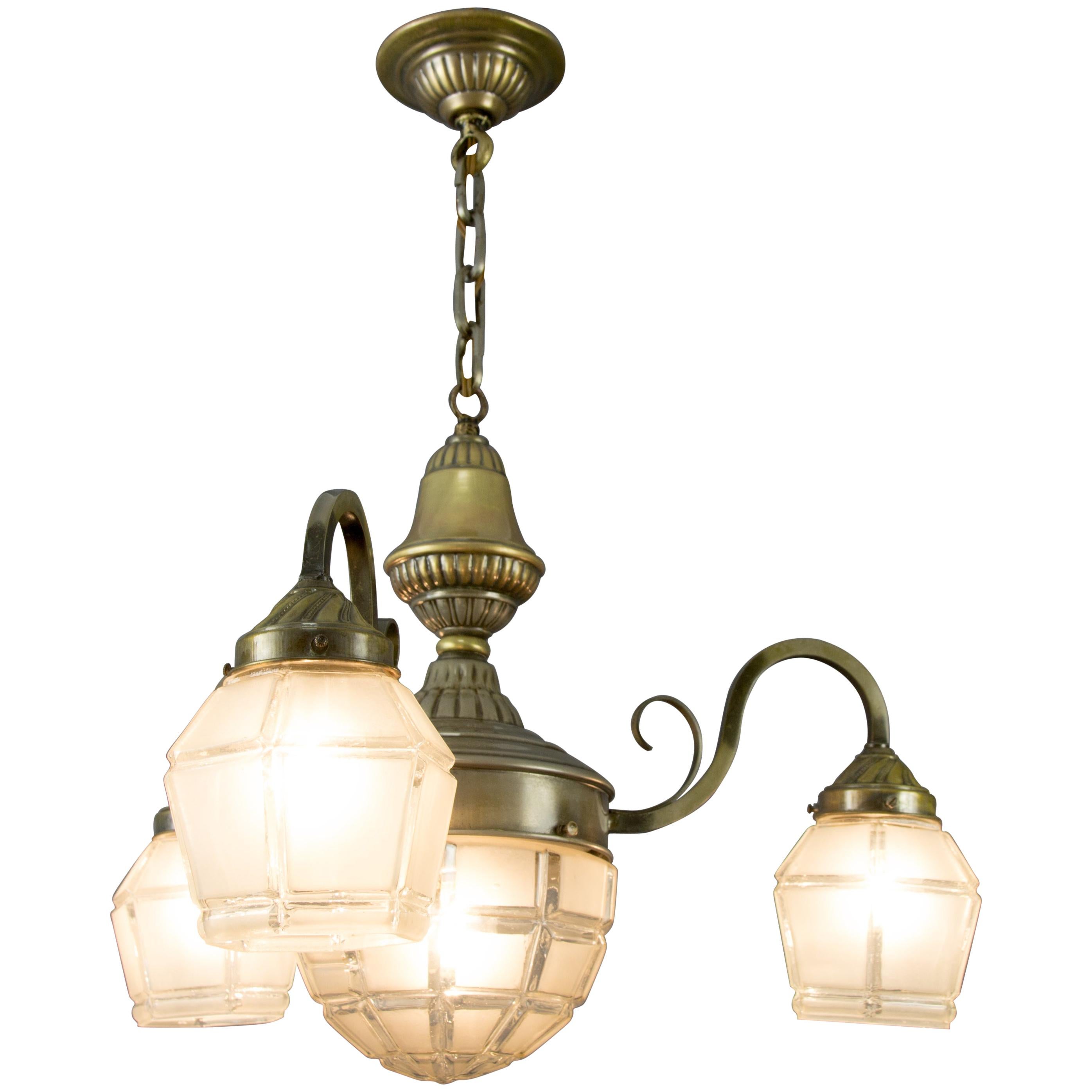 Art Deco Brass and White Frosted Glass Four-Light Chandelier, 1930s