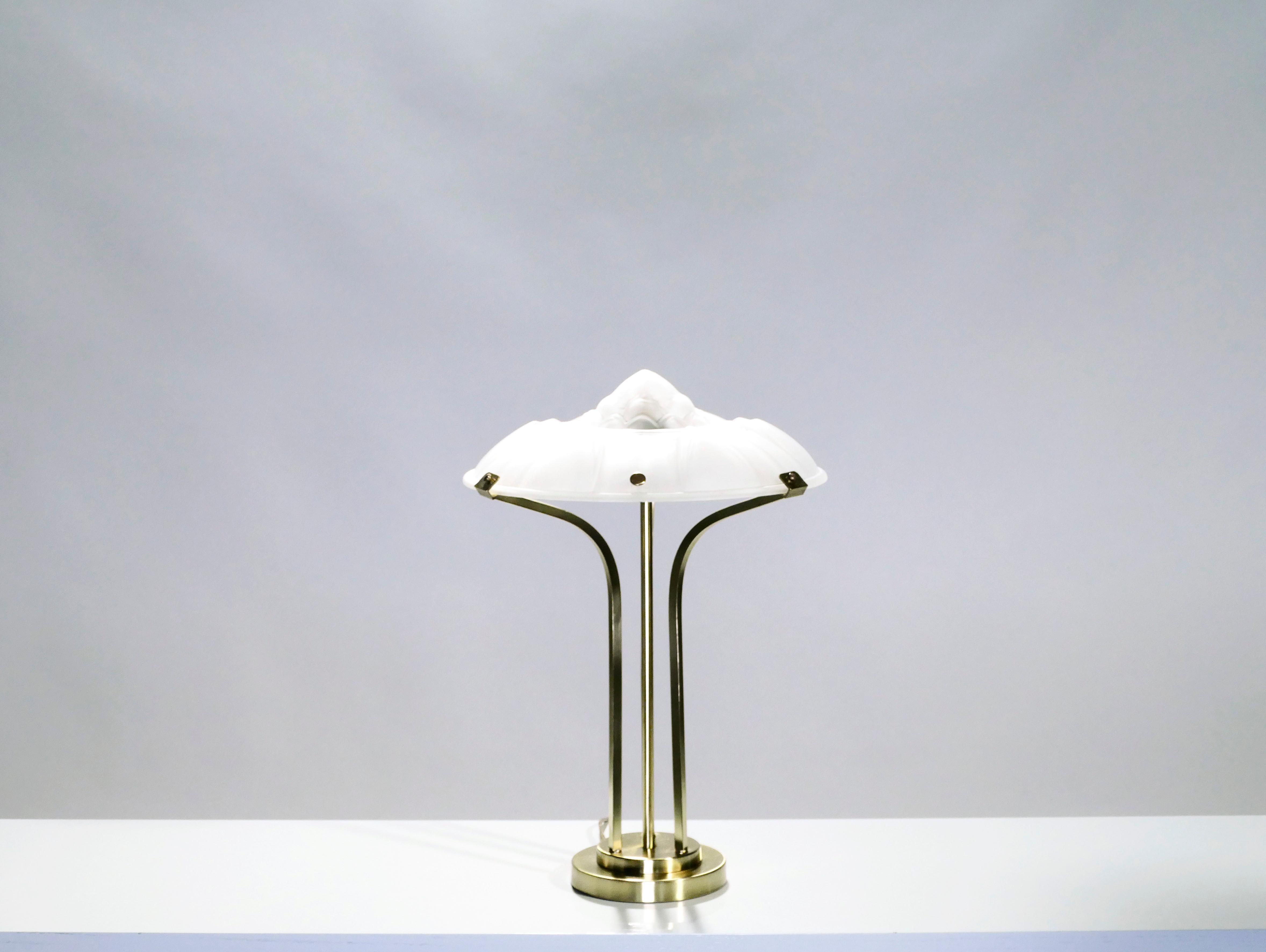 French Art Deco Brass and Frosted Glass Lamp, 1940s