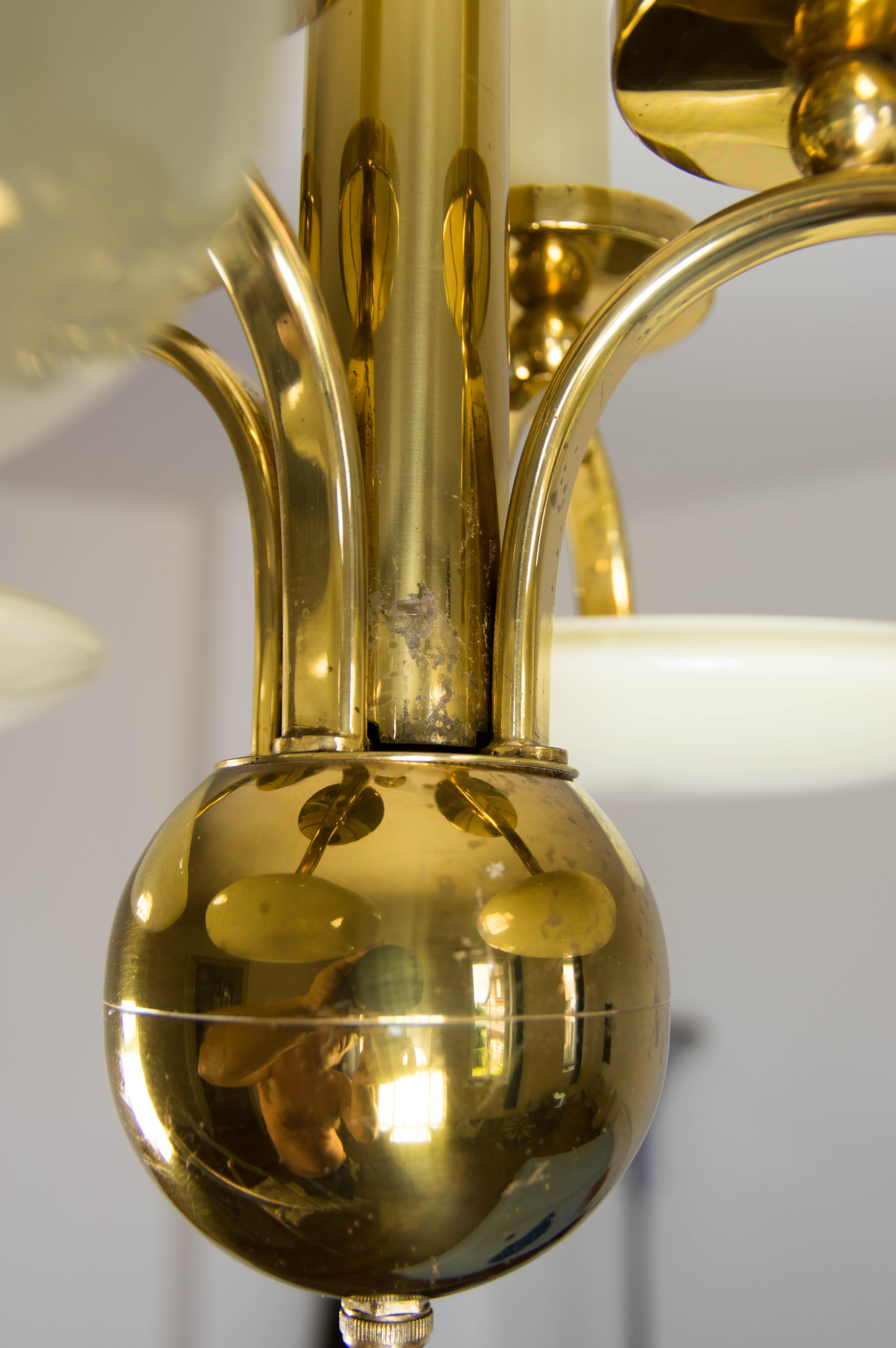 Art Deco Brass and Glass Chandelier, 1930s For Sale 5