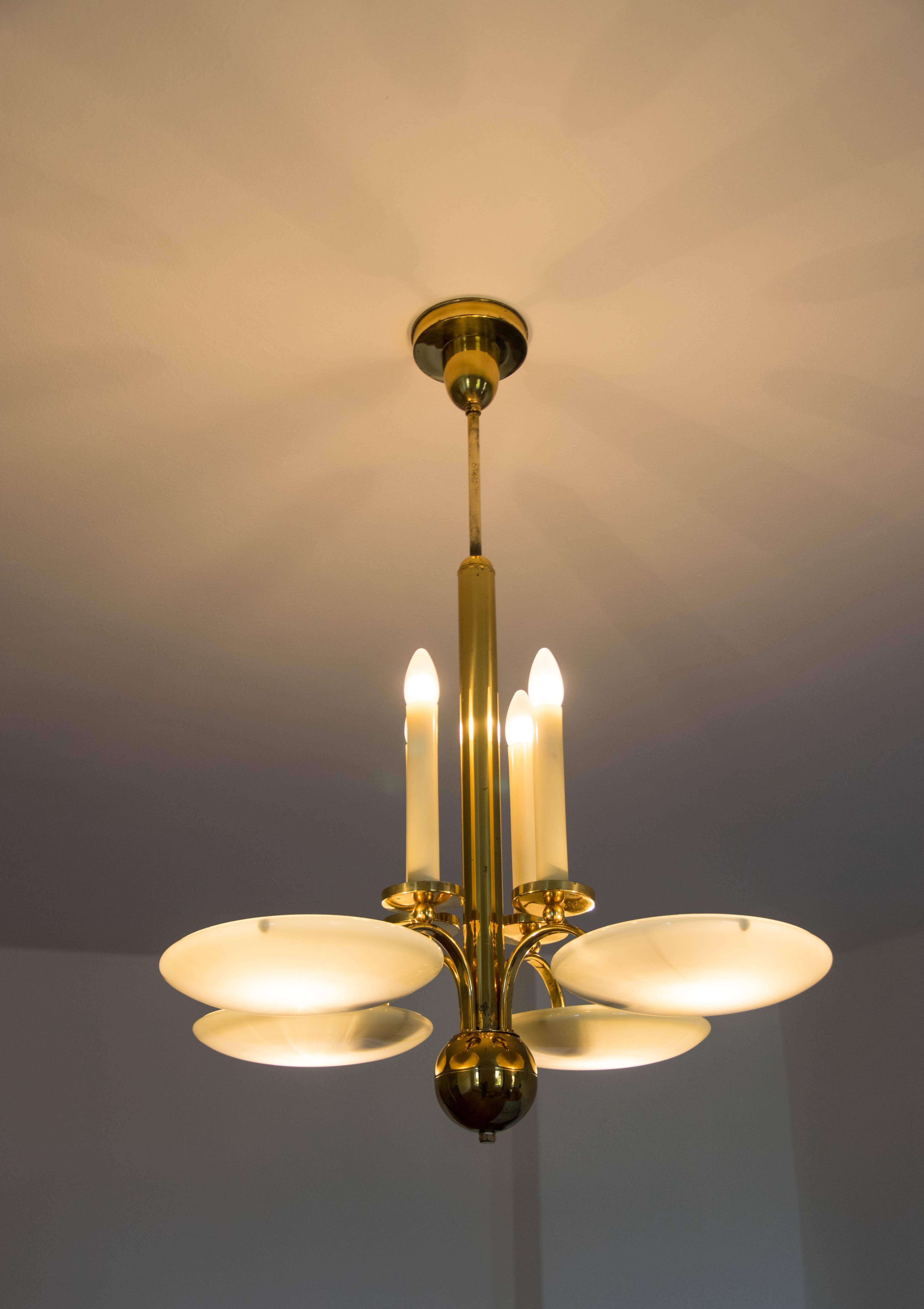 European Art Deco Brass and Glass Chandelier, 1930s For Sale
