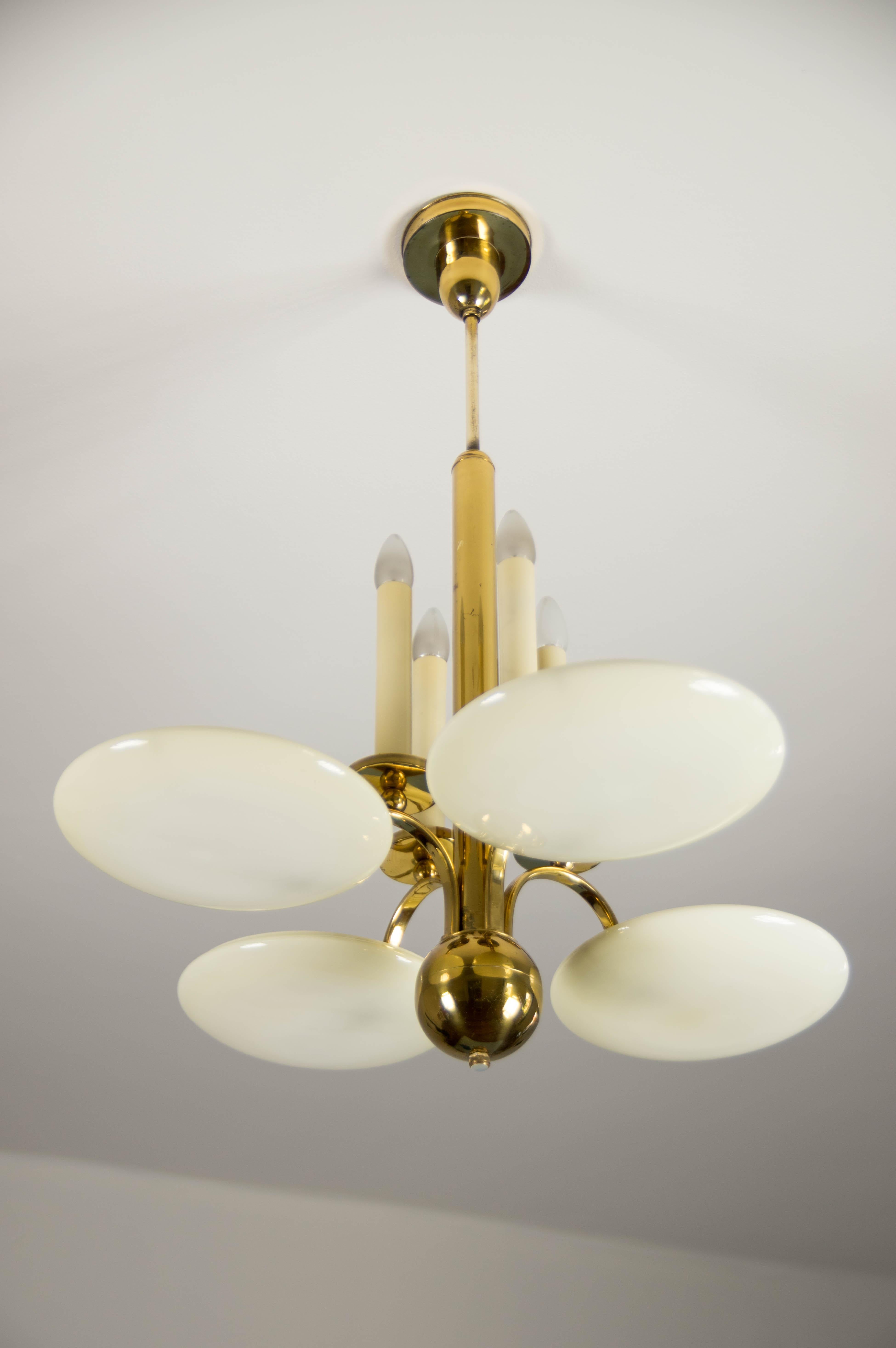 Metal Art Deco Brass and Glass Chandelier, 1930s For Sale