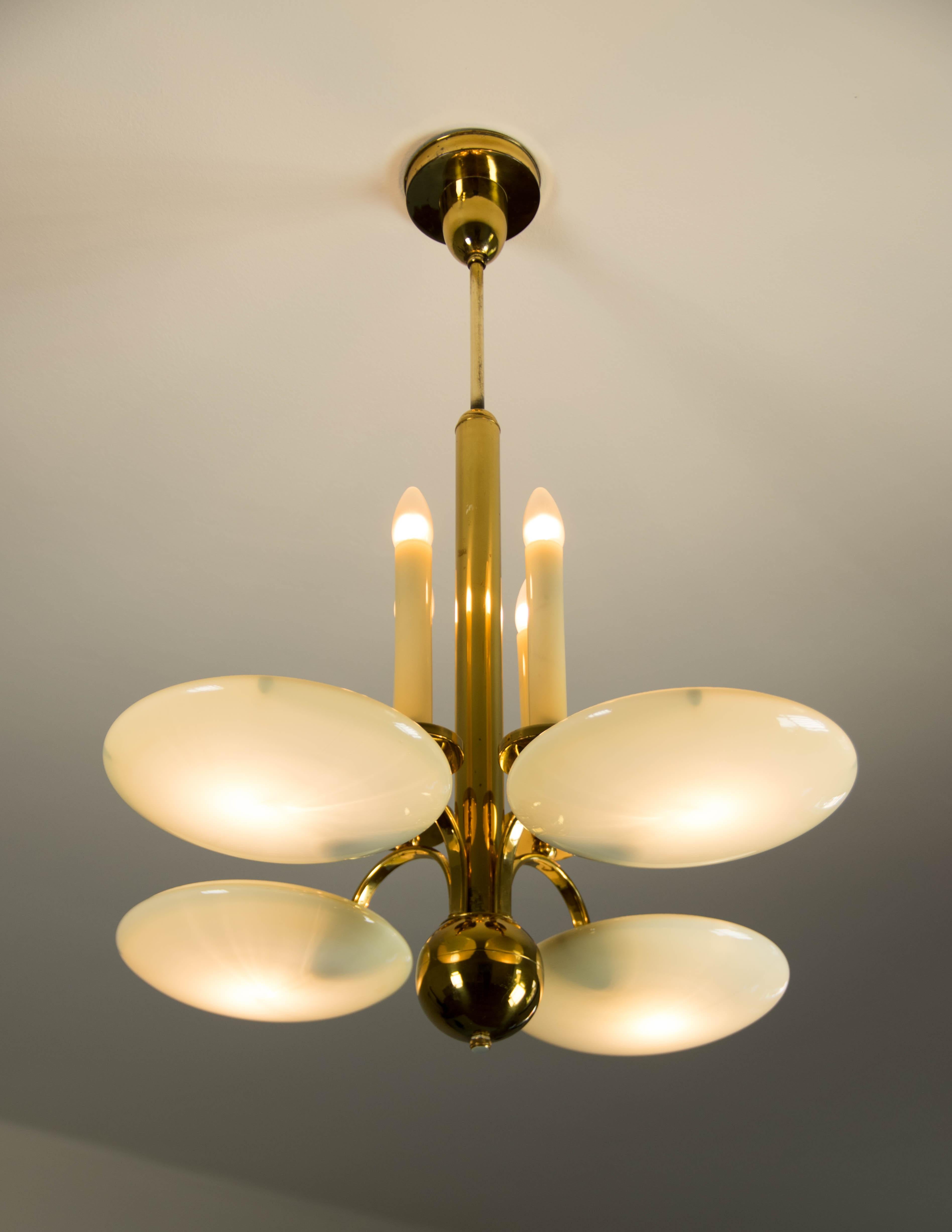 Art Deco Brass and Glass Chandelier, 1930s For Sale 2