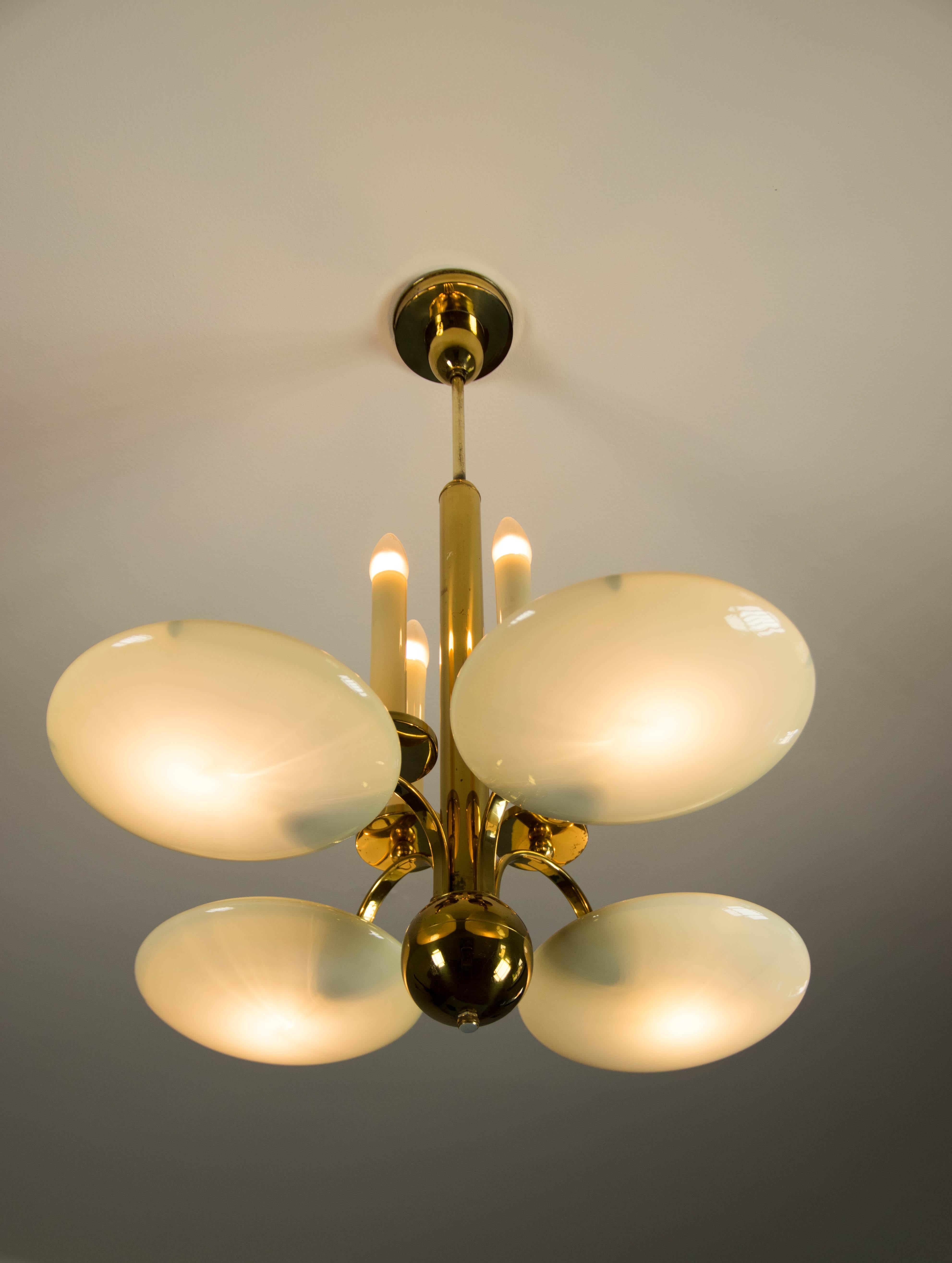 Art Deco Brass and Glass Chandelier, 1930s For Sale 3