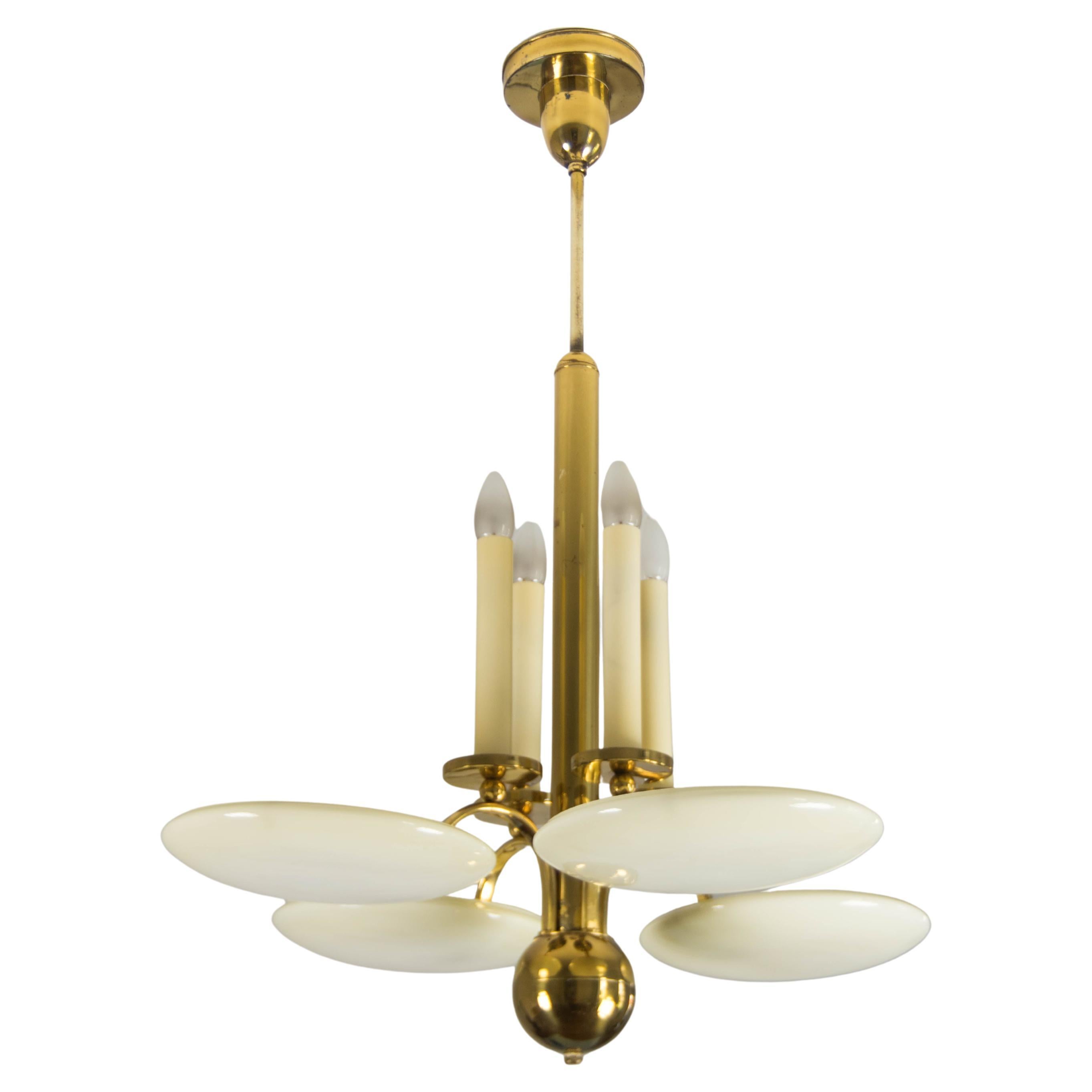 Art Deco Brass and Glass Chandelier, 1930s