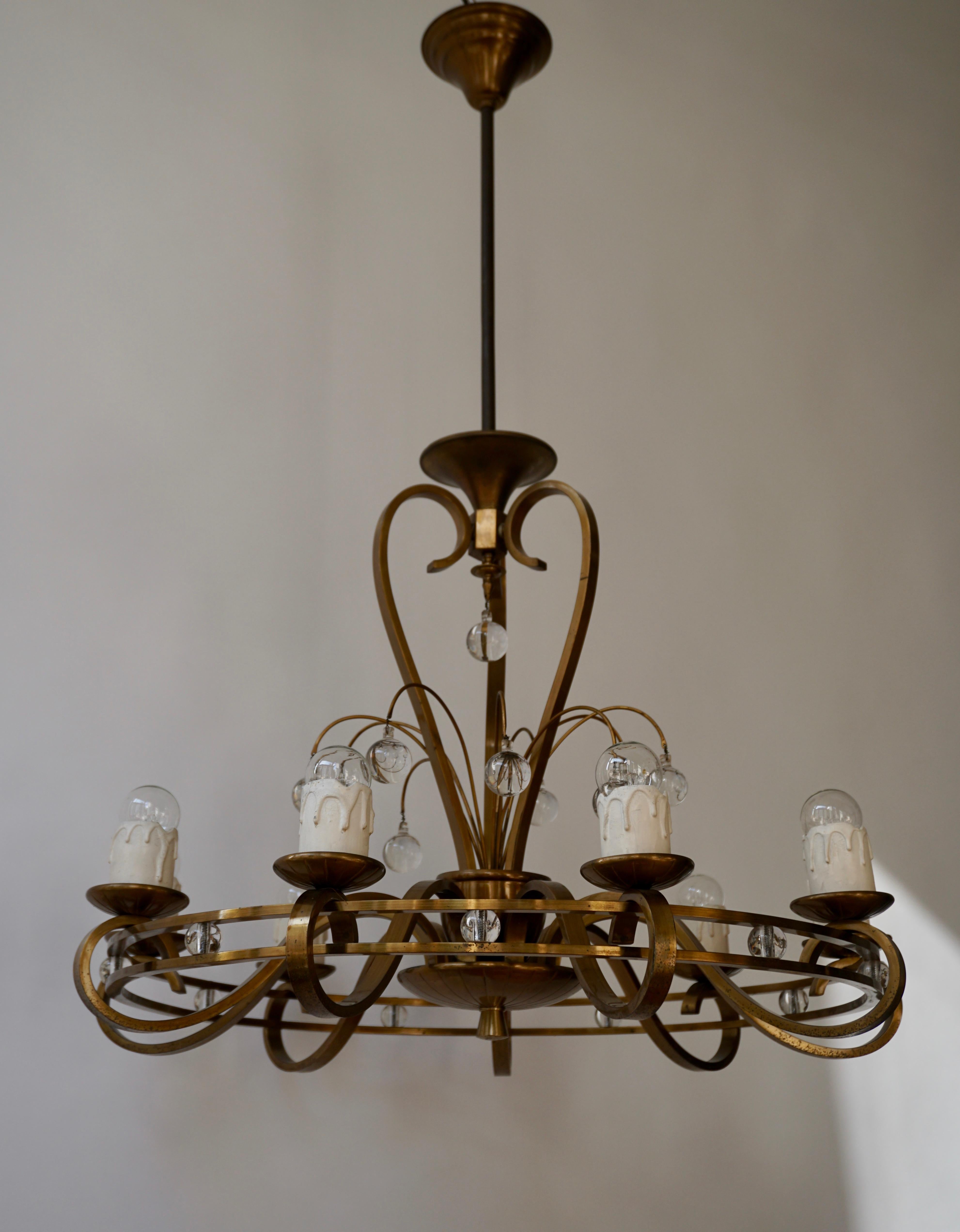 Art Deco Brass and Glass Chandelier For Sale 4