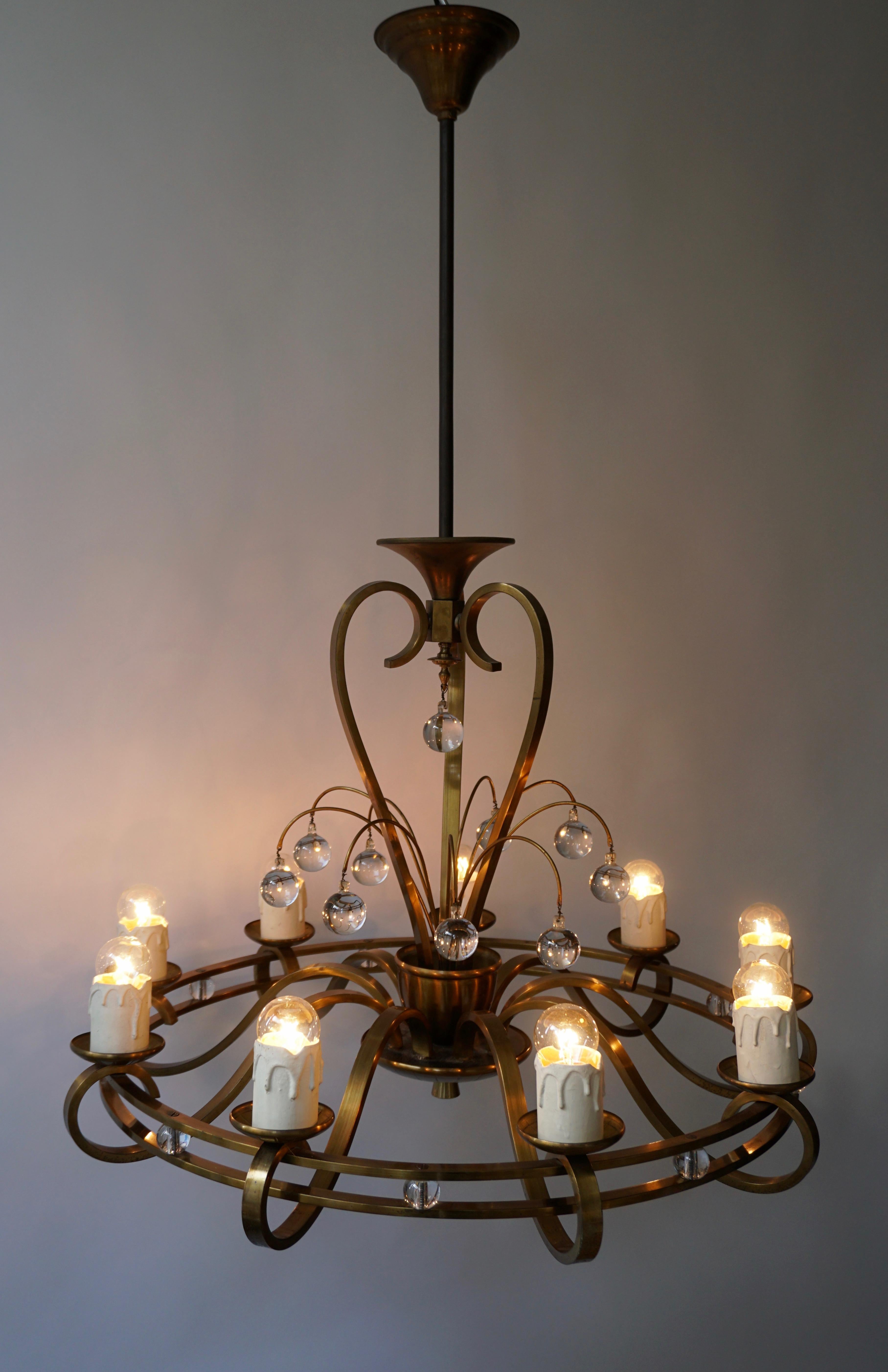 Art Deco Brass and Glass Chandelier For Sale 5
