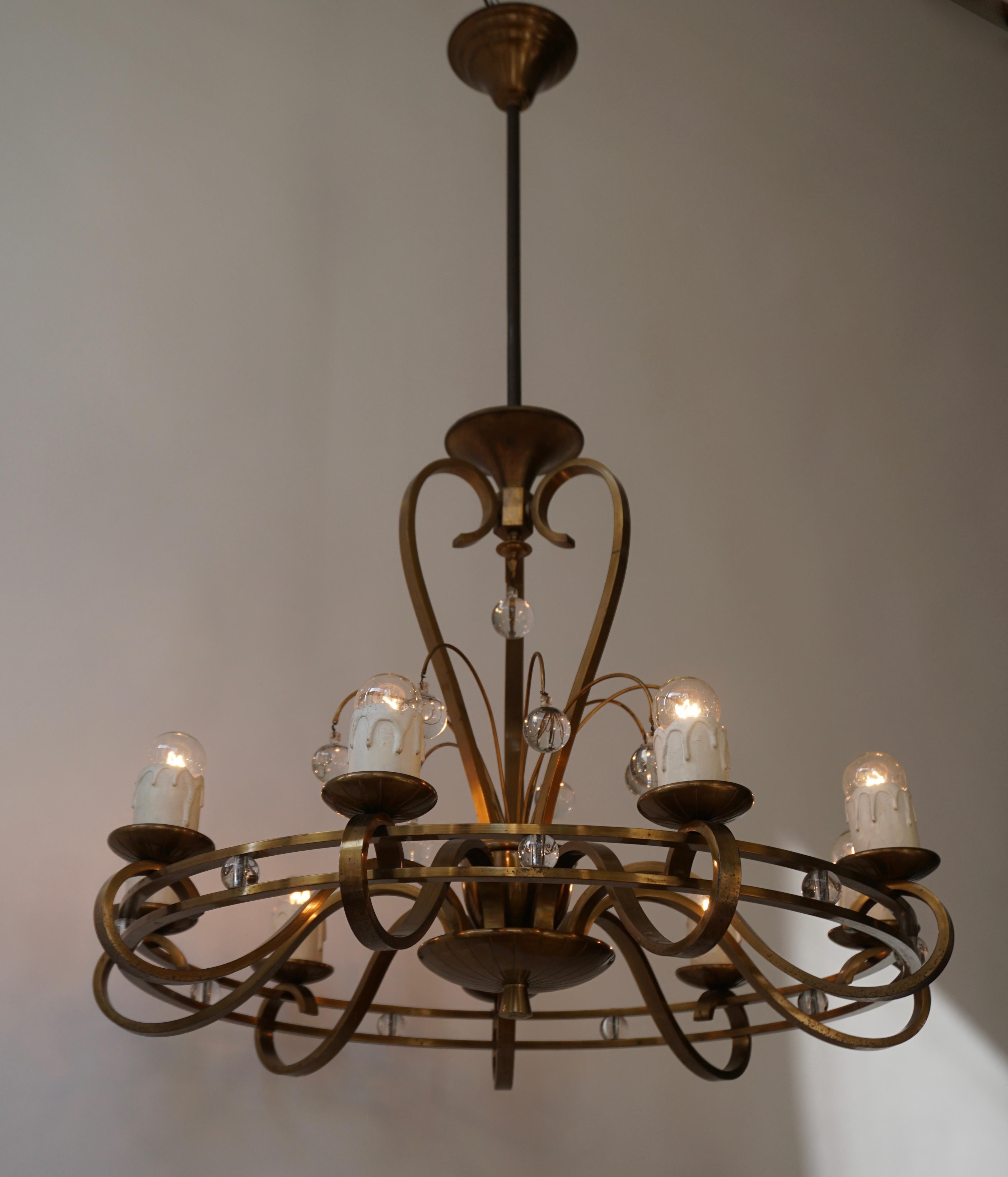 Hollywood Regency Art Deco Brass and Glass Chandelier For Sale