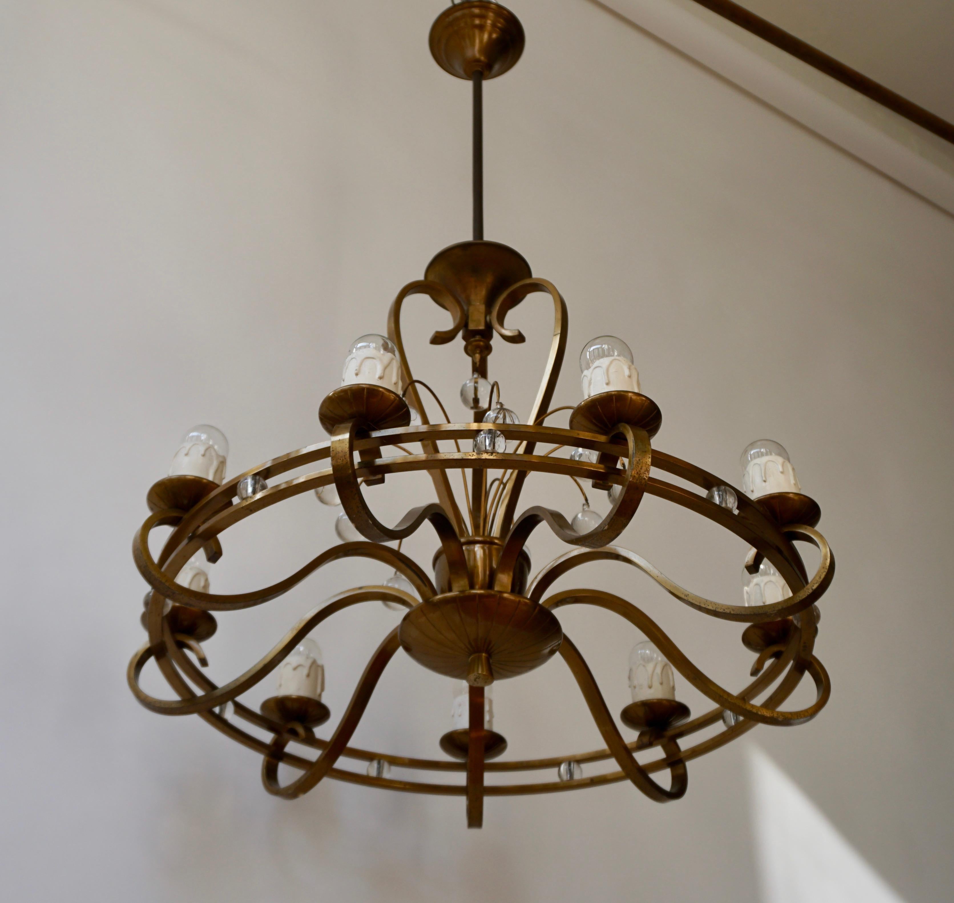 Italian Art Deco Brass and Glass Chandelier For Sale