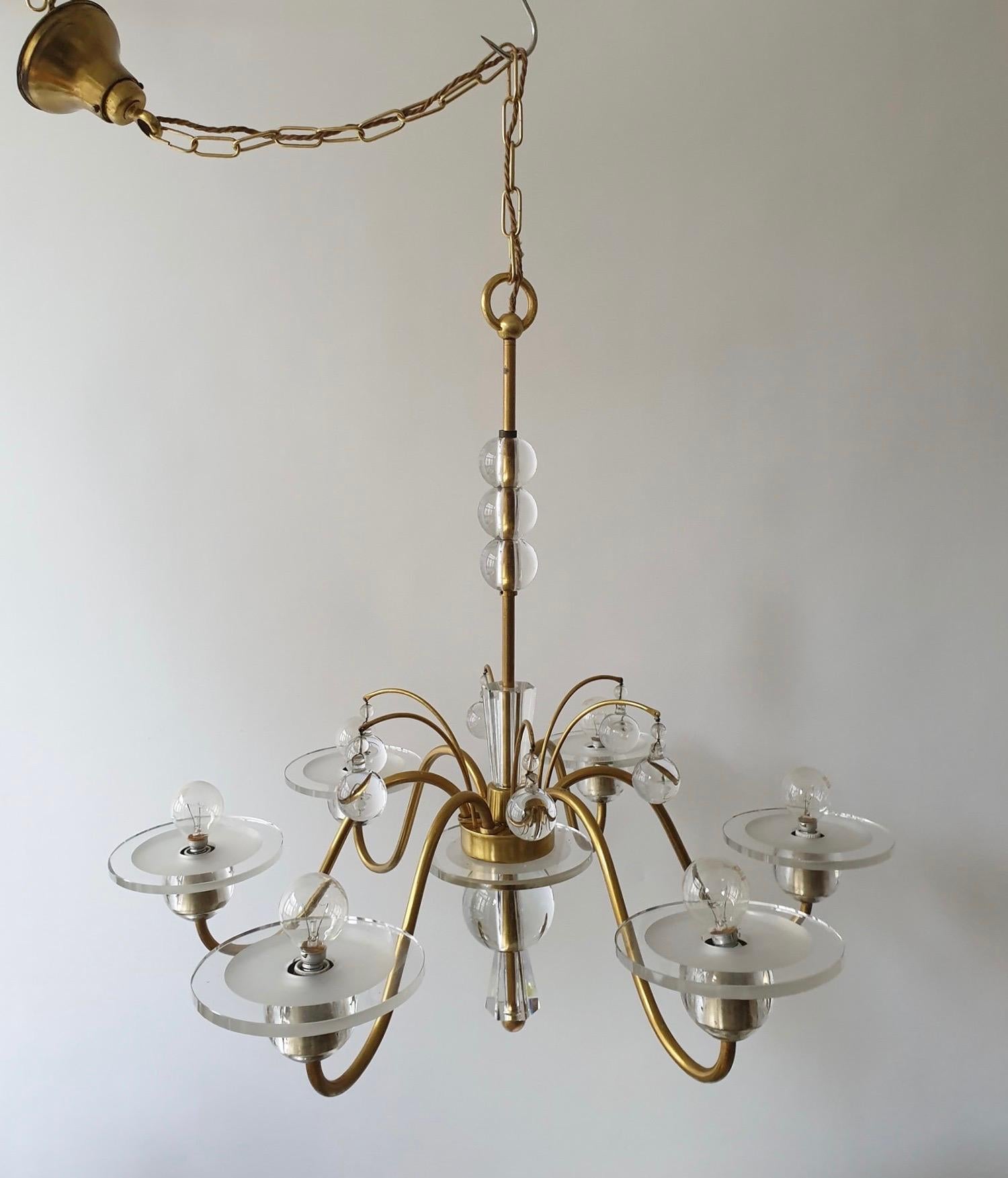 Italian Art Deco Brass and Glass Chandelier For Sale