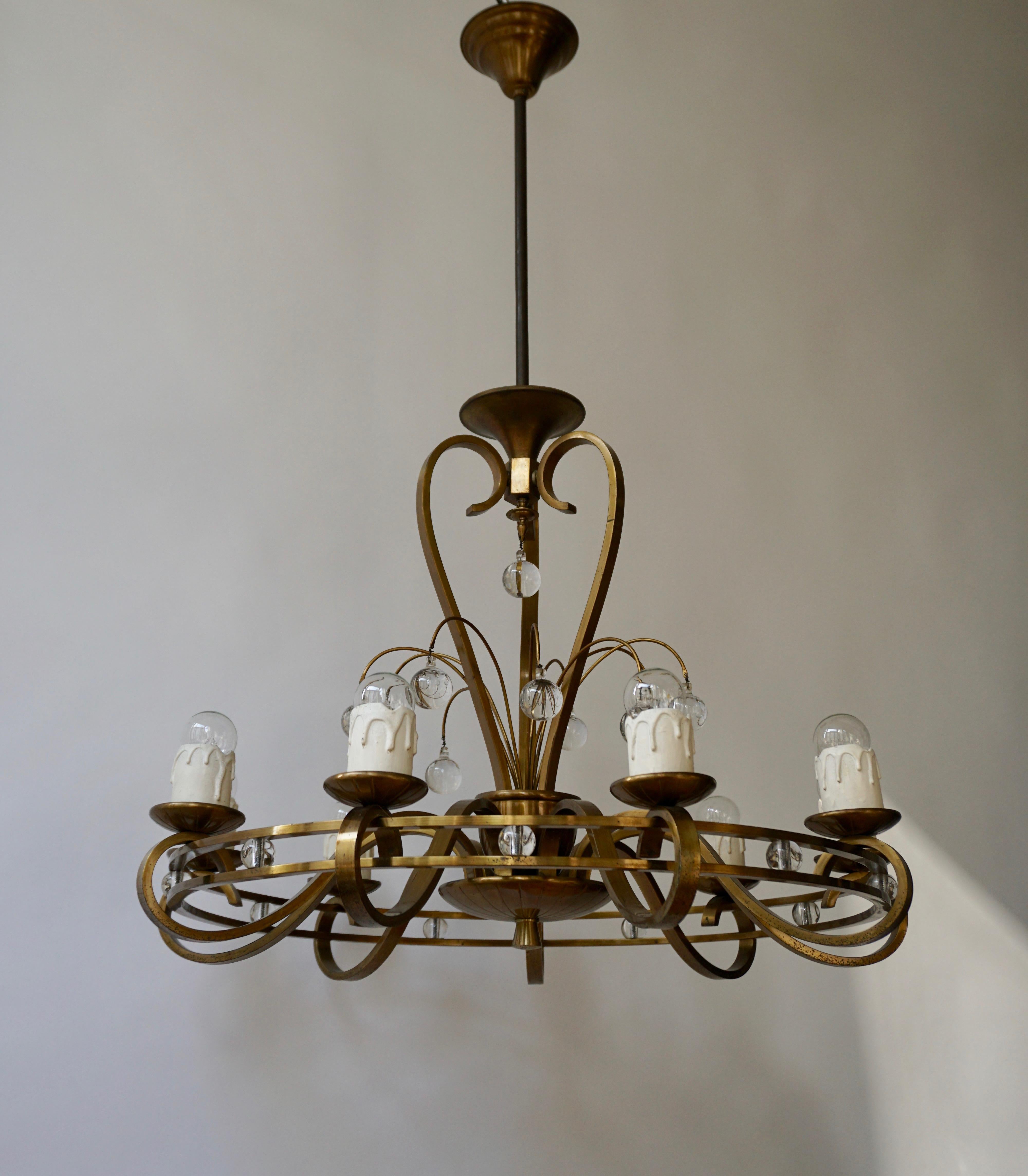 Art Deco Brass and Glass Chandelier In Good Condition For Sale In Antwerp, BE