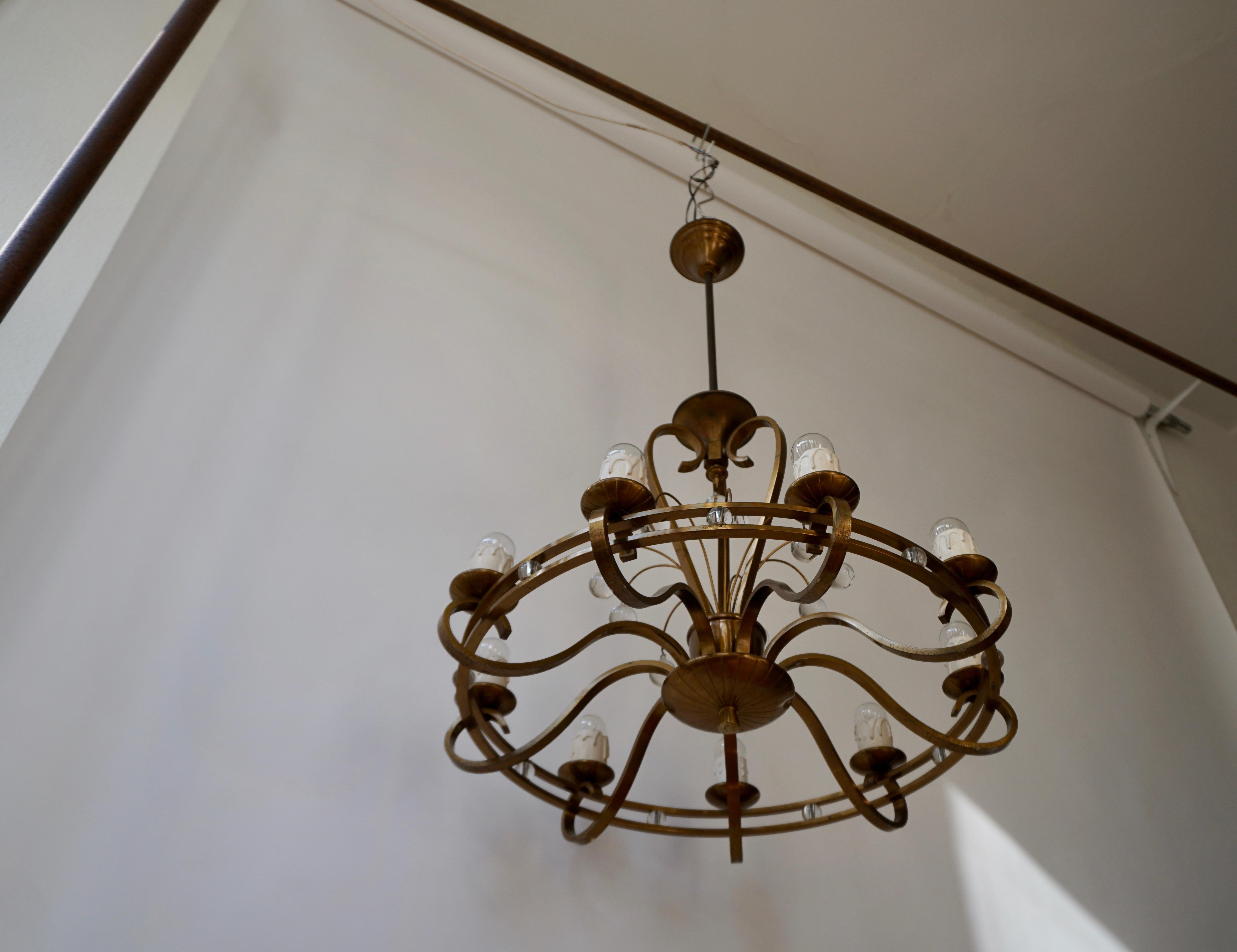 20th Century Art Deco Brass and Glass Chandelier For Sale