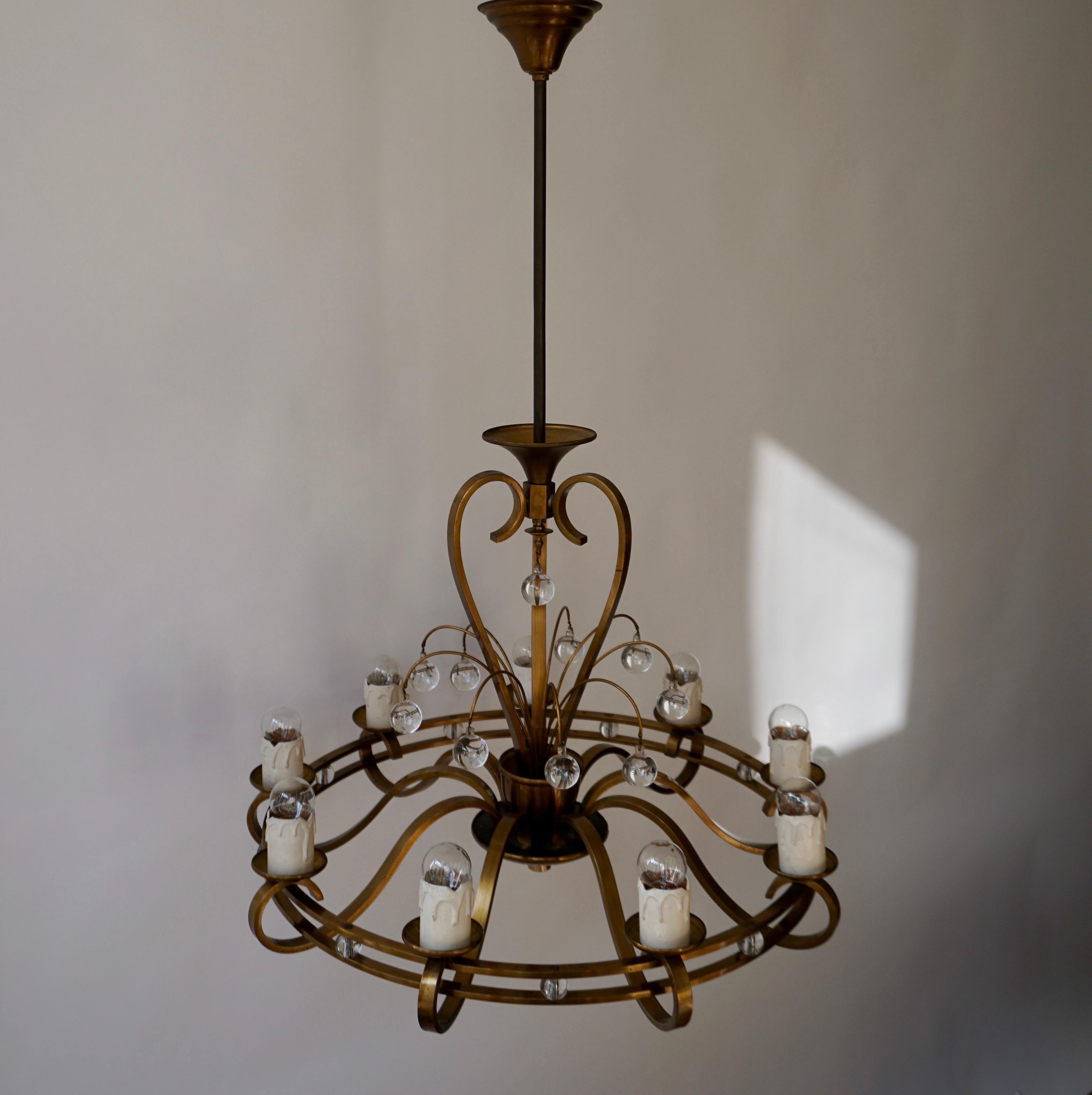 Murano Glass Art Deco Brass and Glass Chandelier For Sale