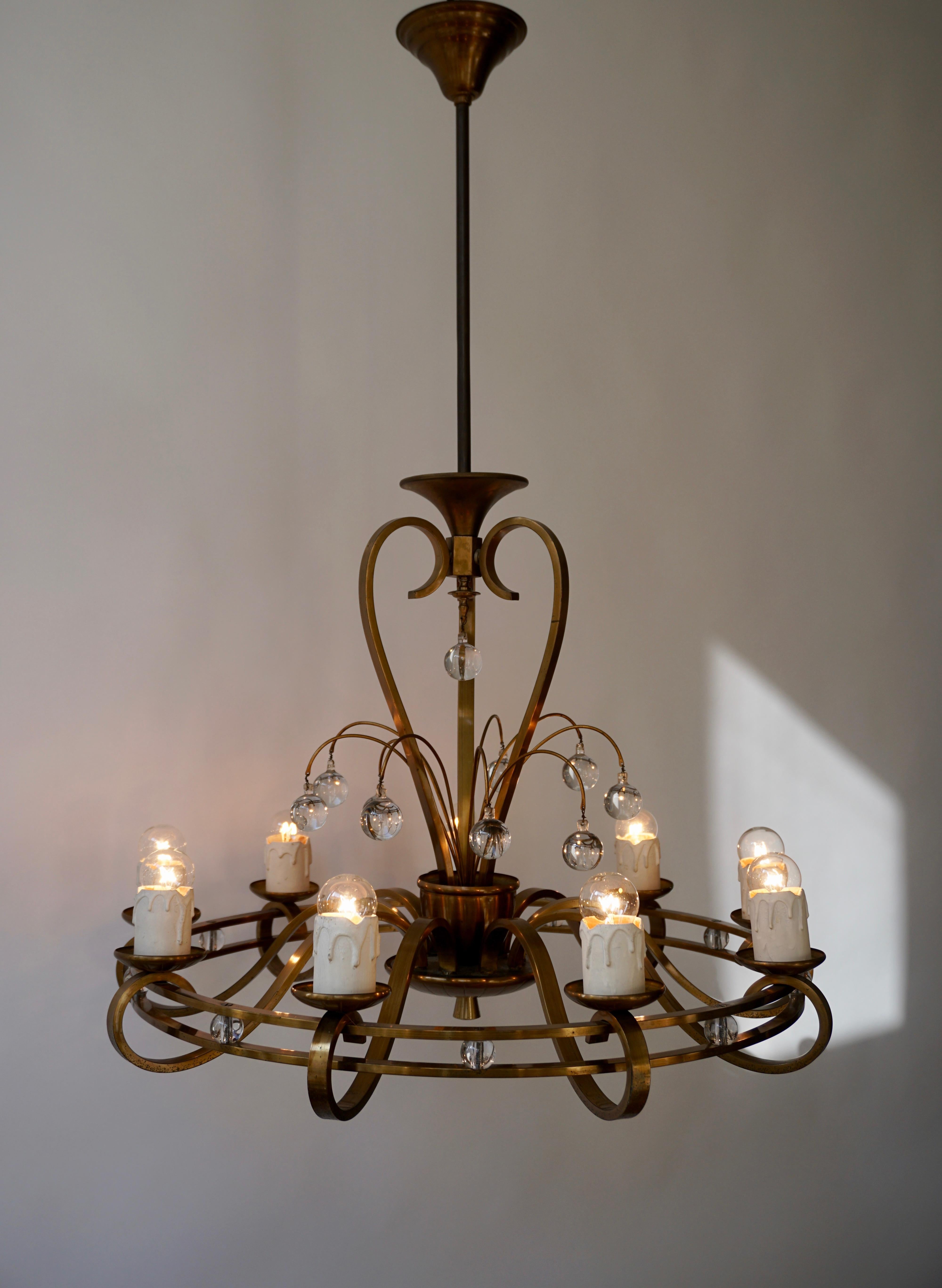 Art Deco Brass and Glass Chandelier For Sale 1