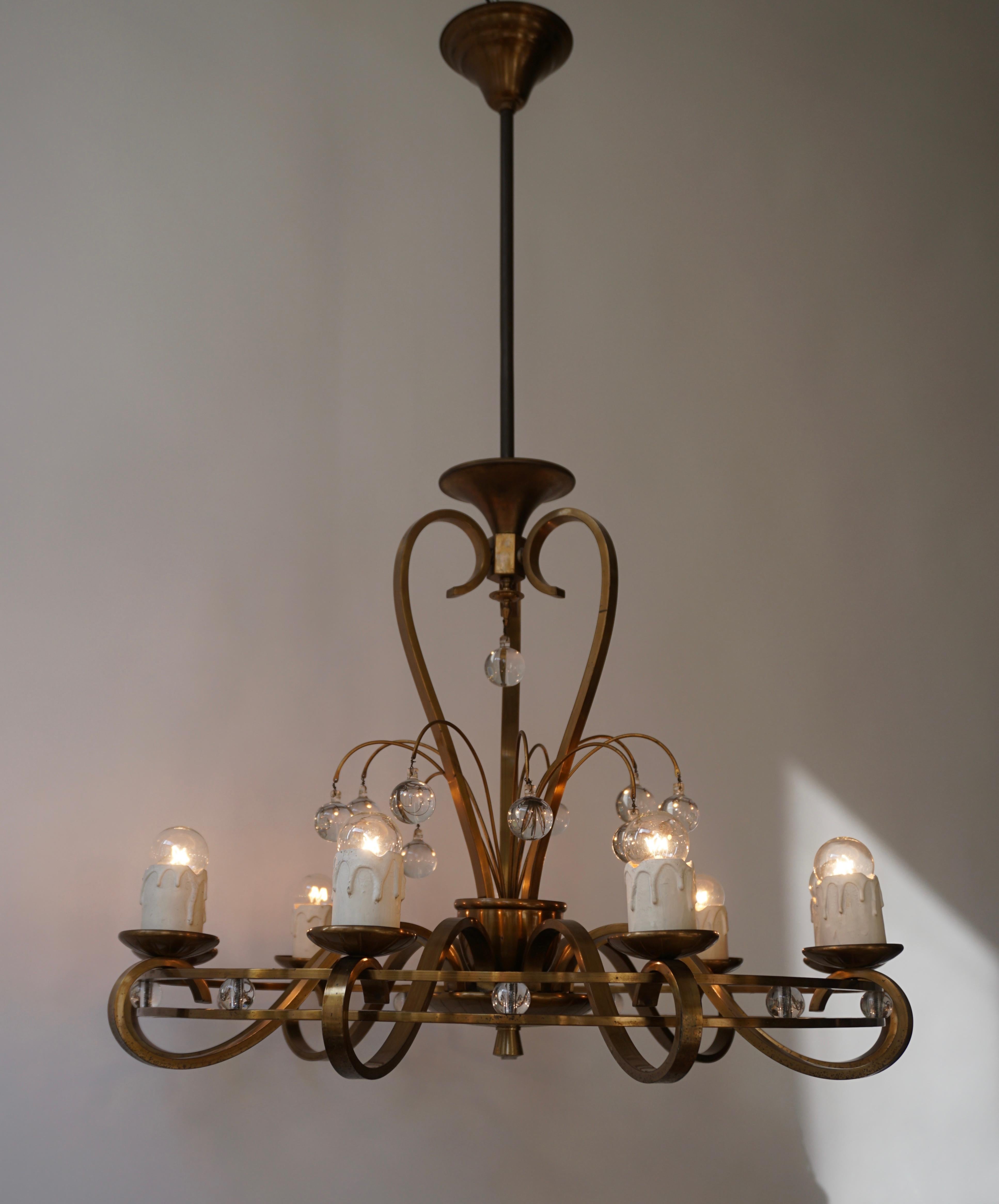 Art Deco Brass and Glass Chandelier For Sale 2