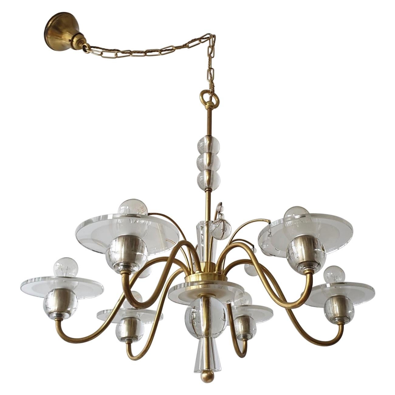 Art Deco Brass and Glass Chandelier For Sale