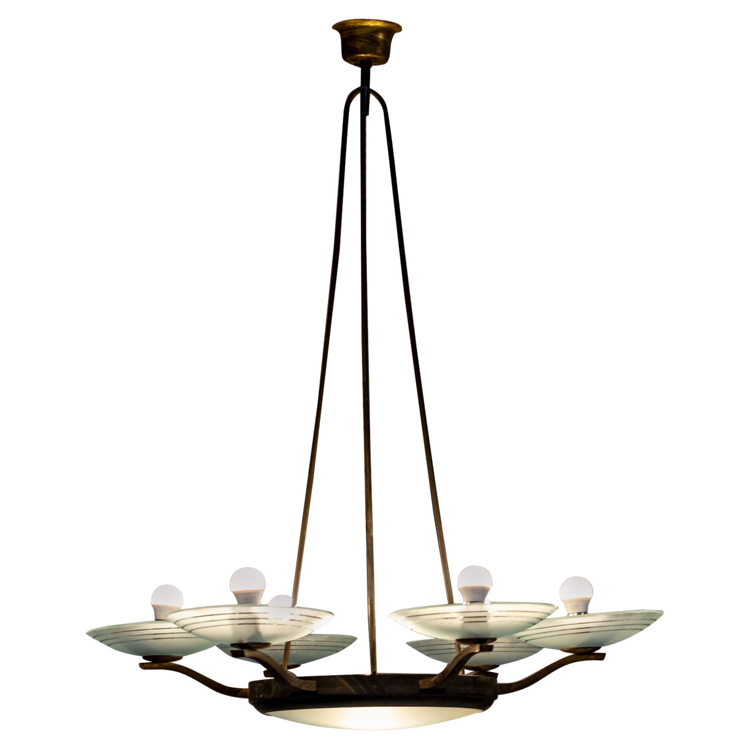 Art Deco Brass and Glass Chandelier
