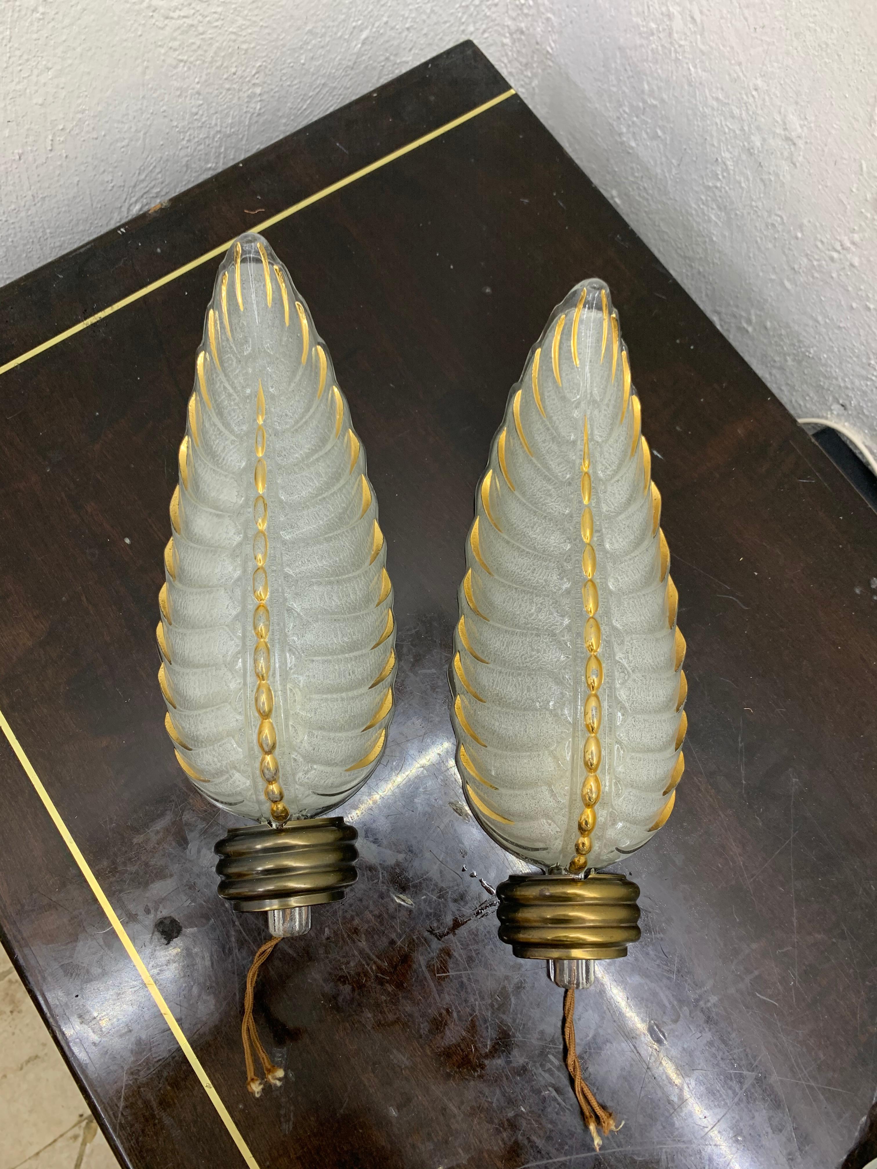 Art Deco Brass and Glass Sconces Signed by Ezan, France, circa 1940s 10