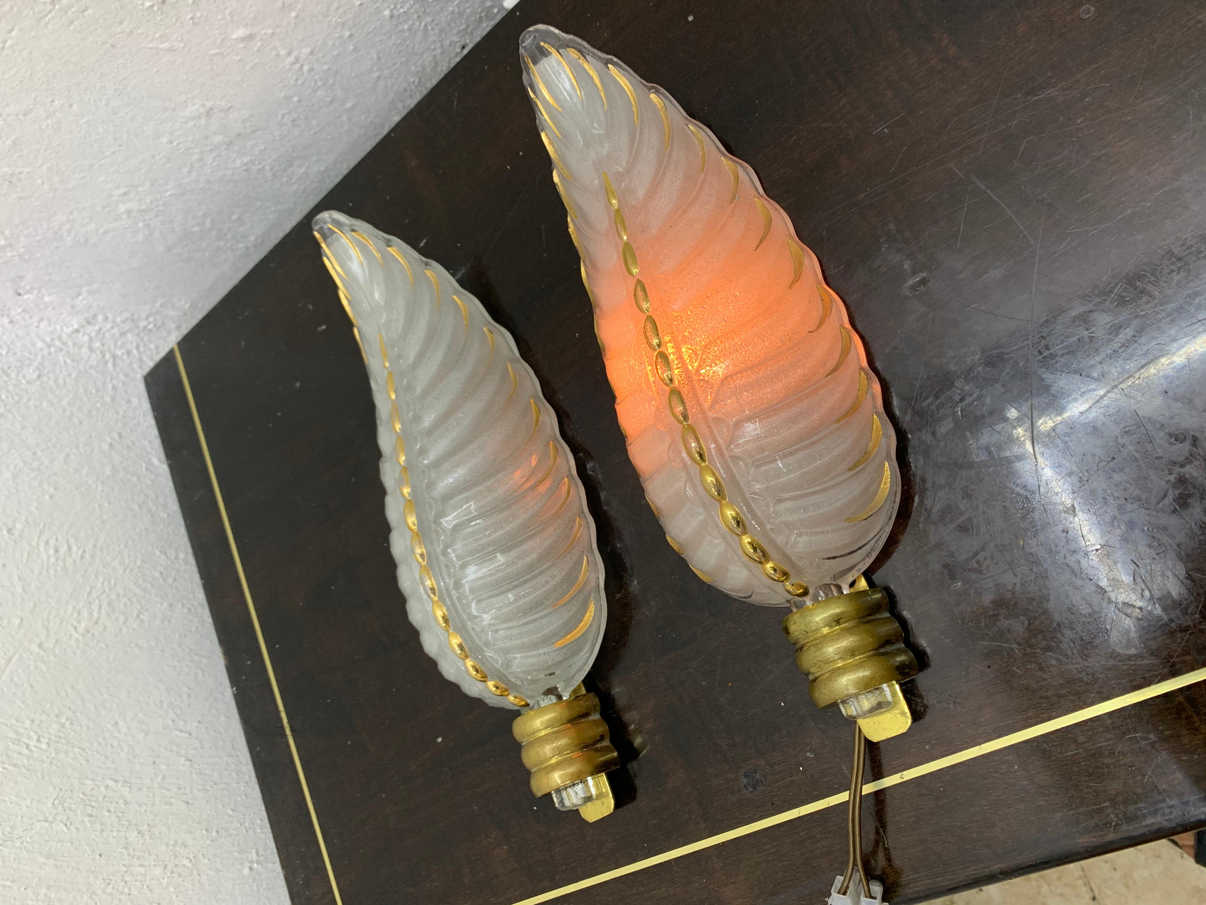 Art Deco Brass and Glass Sconces Signed by Ezan, France, circa 1940s 4