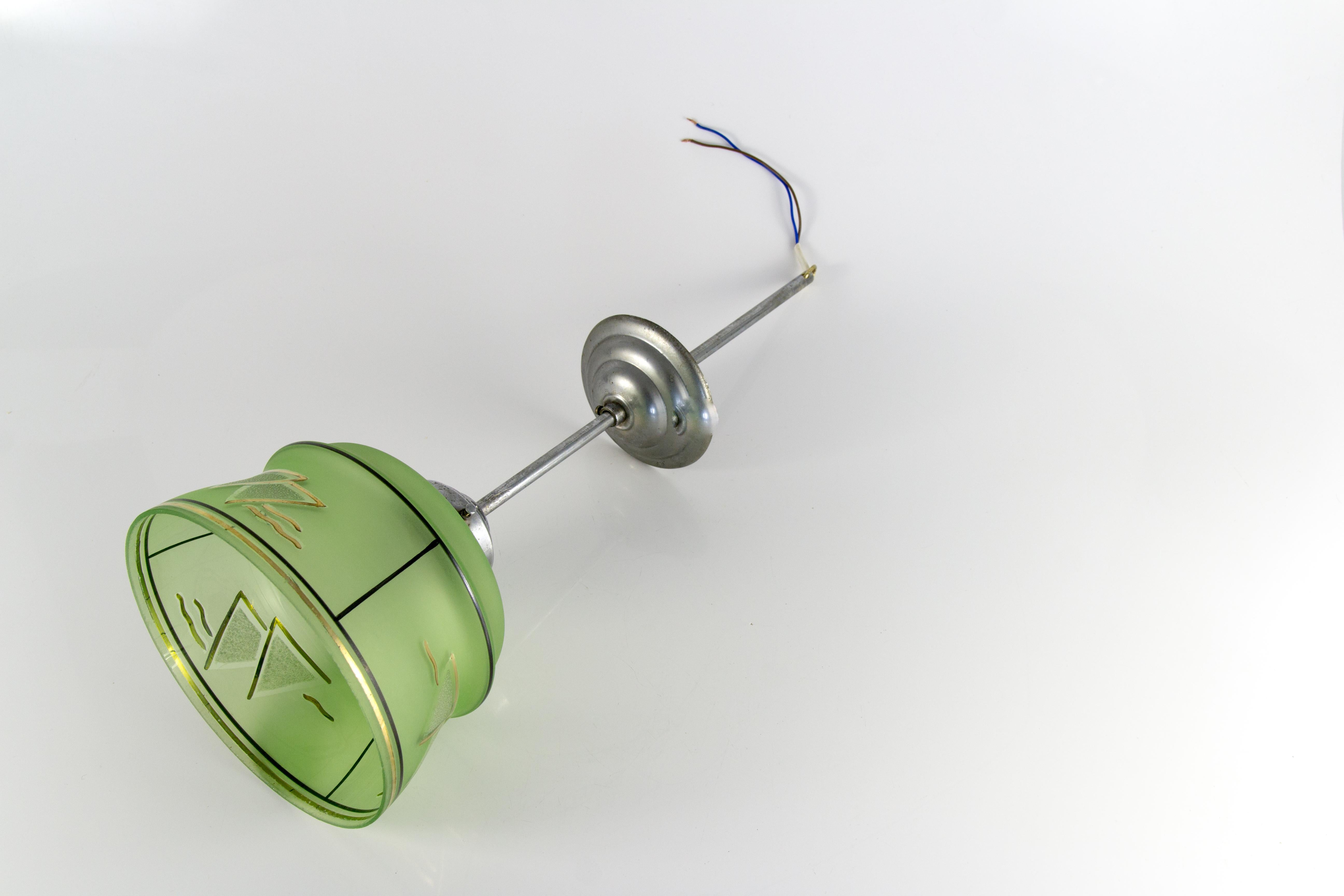 French Art Deco Green Glass and Chrome Pendant Light, 1930s For Sale 5