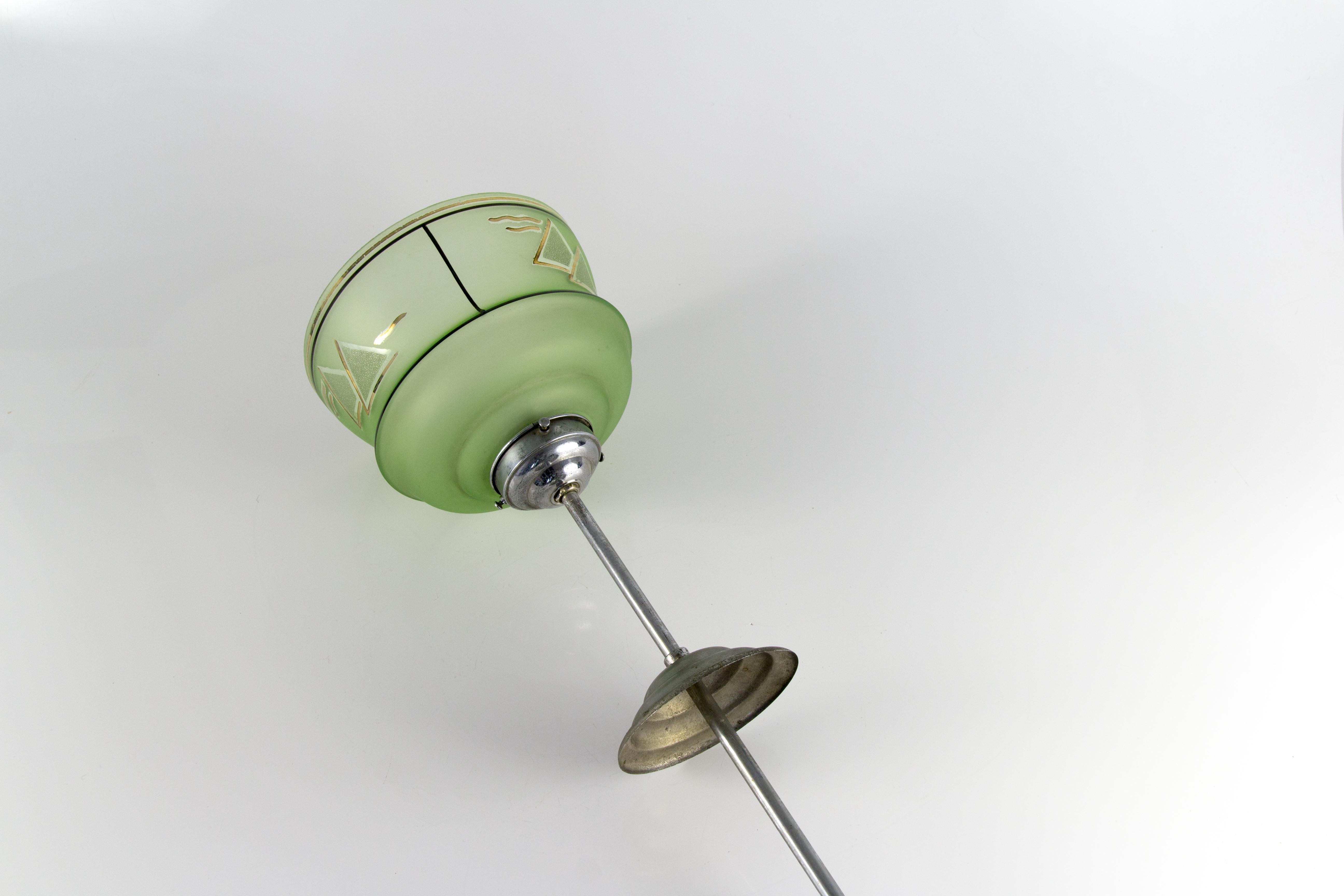 French Art Deco Green Glass and Chrome Pendant Light, 1930s For Sale 6