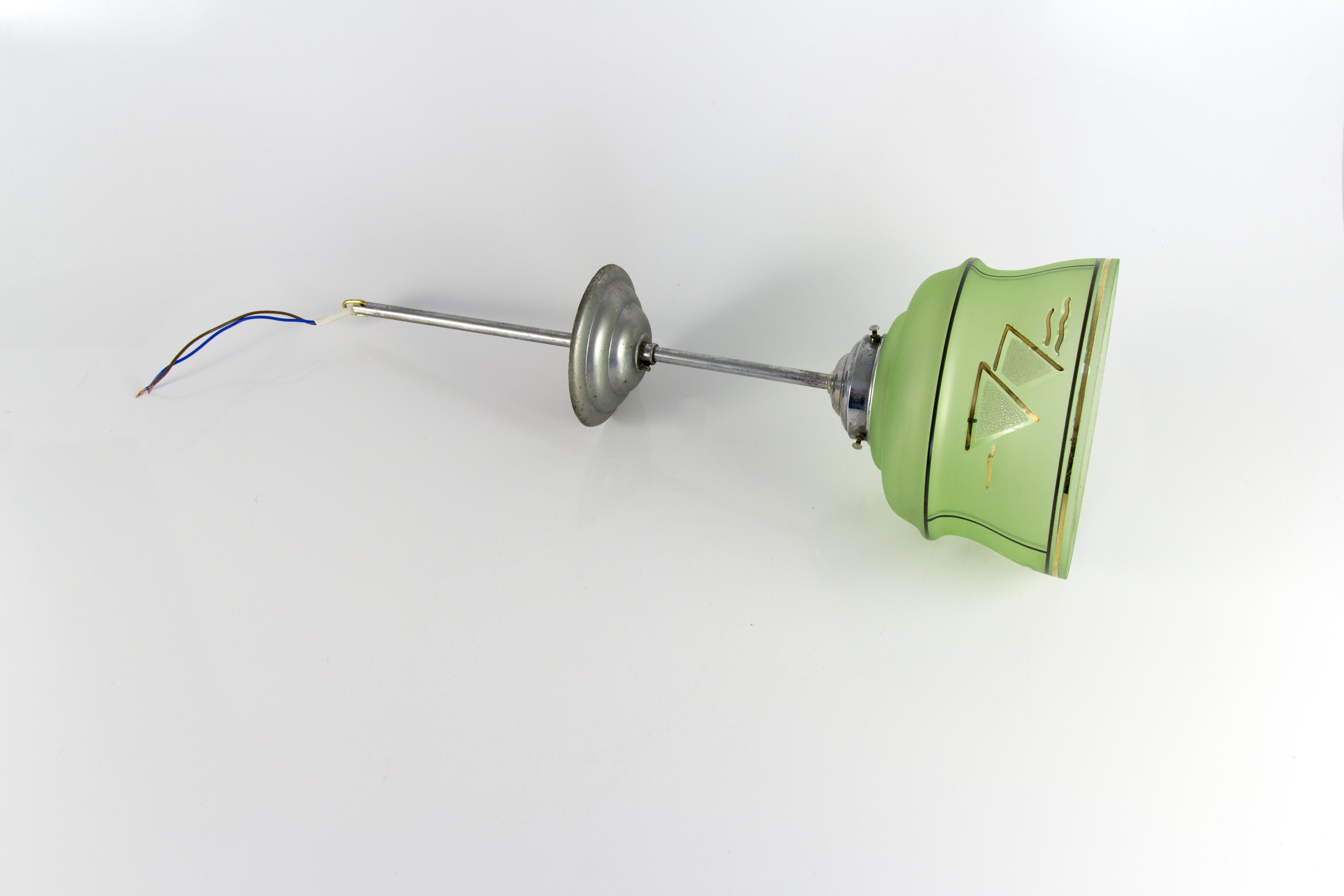 French Art Deco Green Glass and Chrome Pendant Light, 1930s For Sale 8