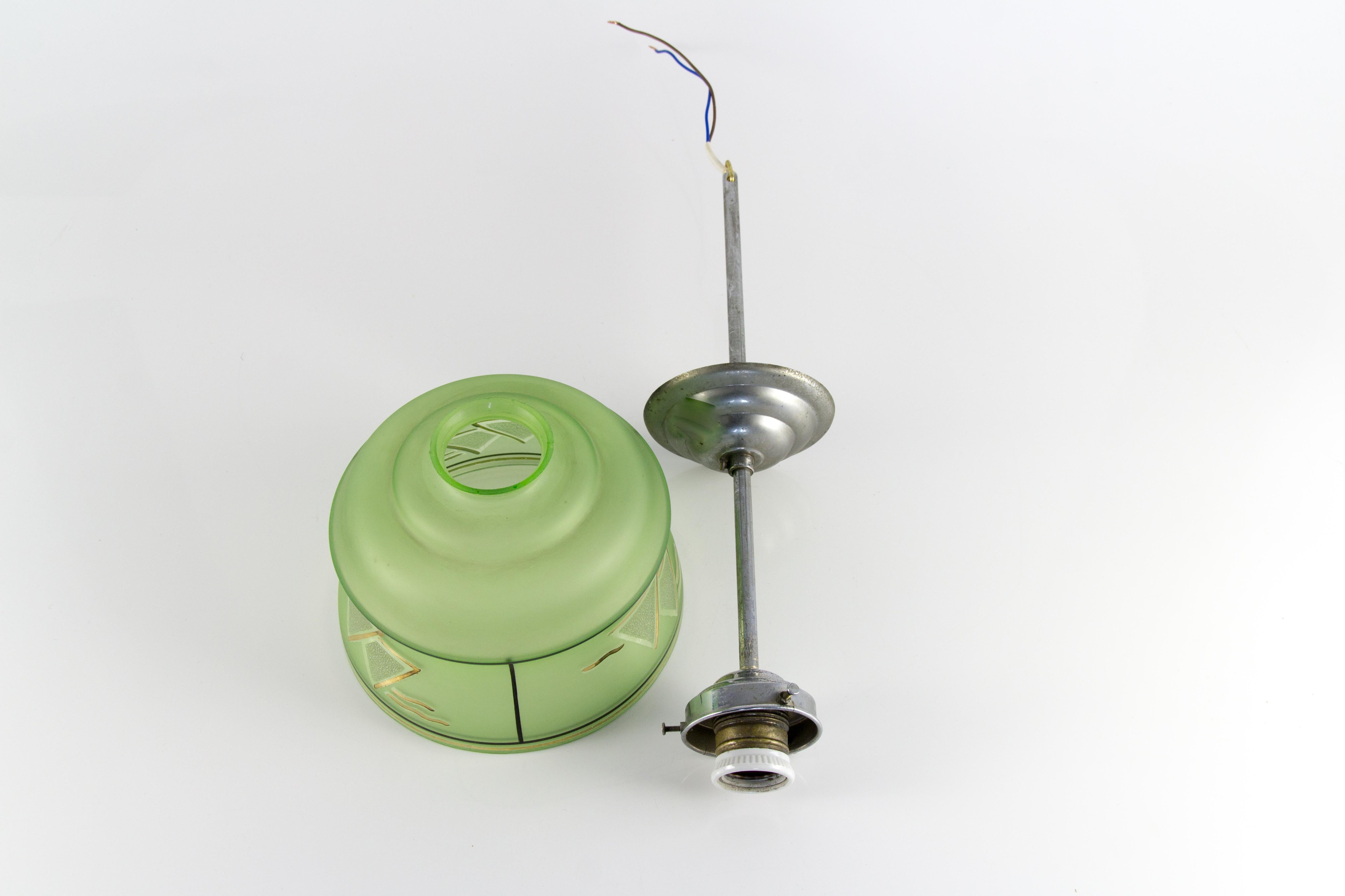 French Art Deco Green Glass and Chrome Pendant Light, 1930s For Sale 10