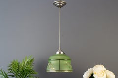 French Art Deco Green Glass and Chrome Pendant Light, 1930s