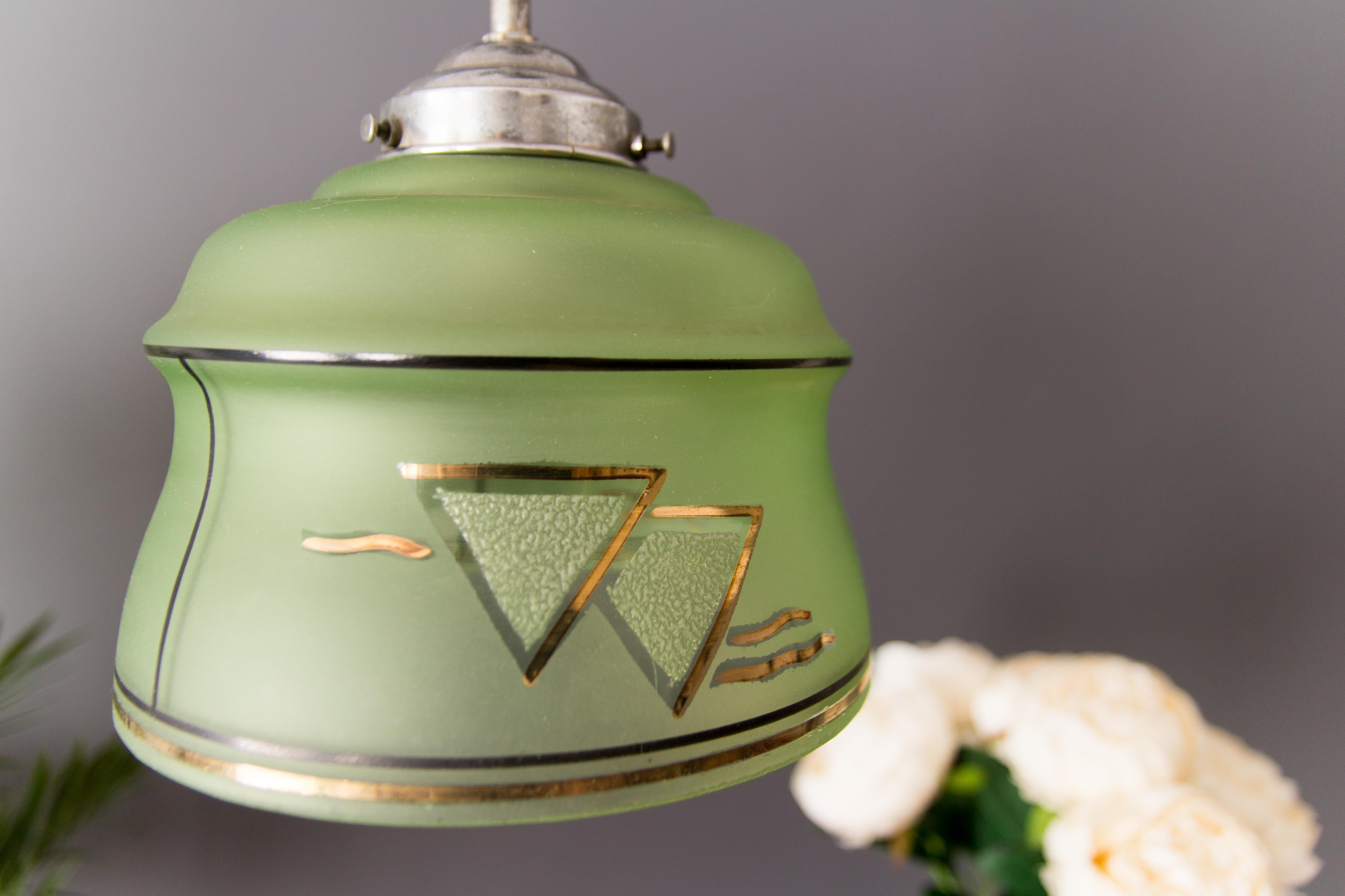 Mid-20th Century French Art Deco Brass and Green Glass Pendant, 1930s For Sale