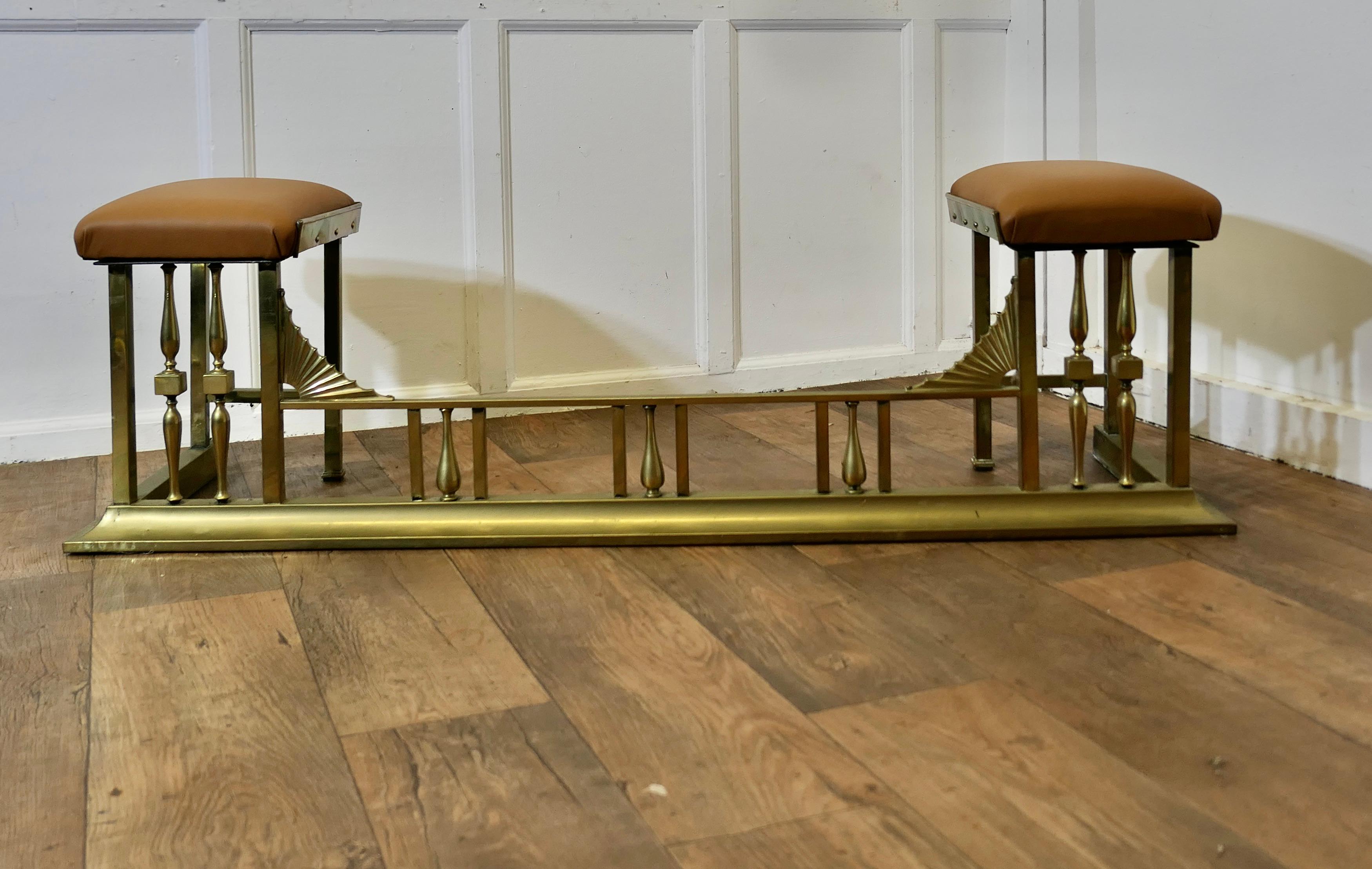 Art Deco Brass and Leather Club Fender

This is an elegant piece of country House Furniture, the Leather seats are newly upholstered in light tan and there is an open Fan decoration in the substantial Brass frame
The fender is in good over all