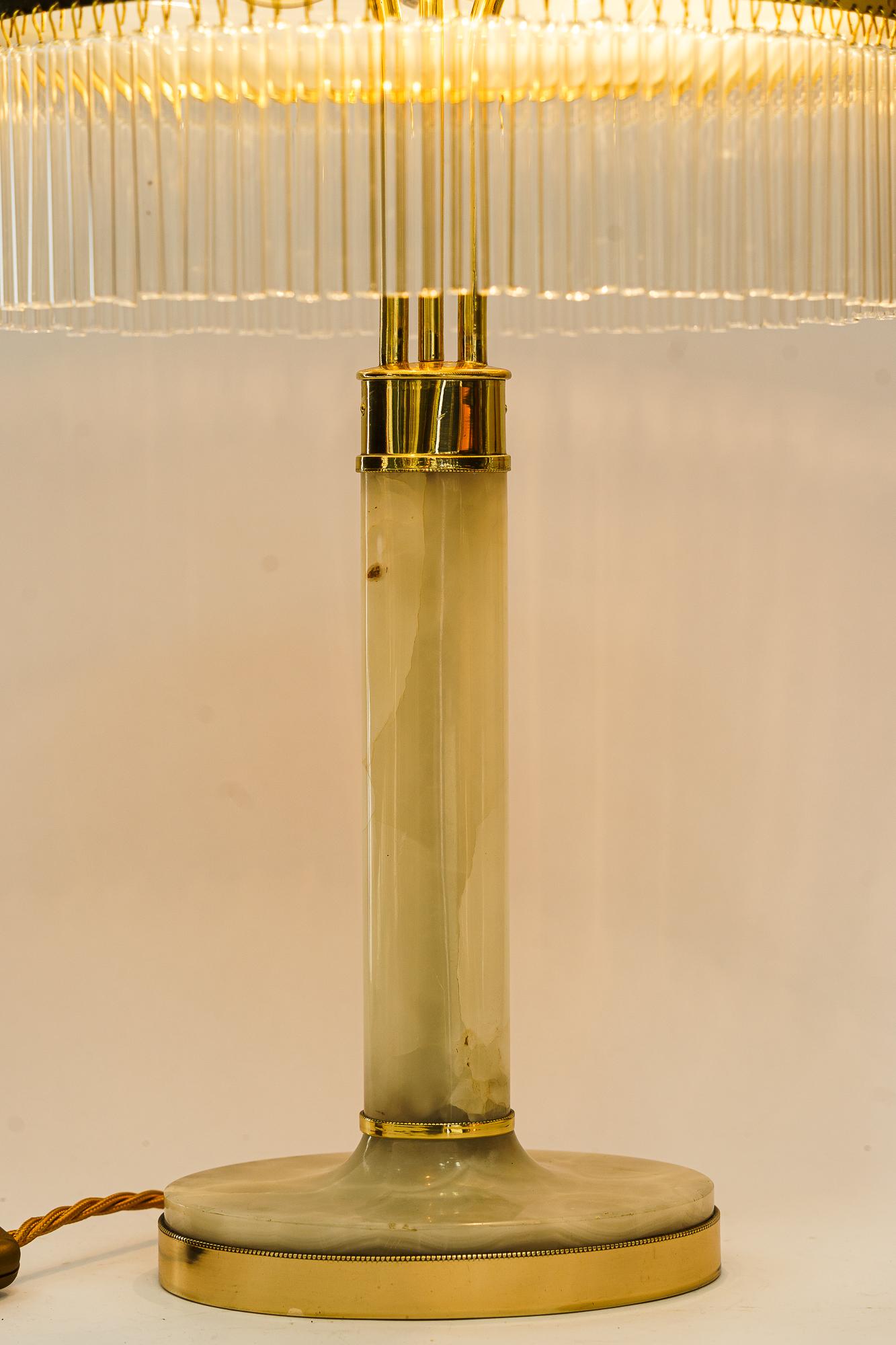 Art Deco Brass and Marble Table lamp with opal glass shade and glass sticks 1920 For Sale 5