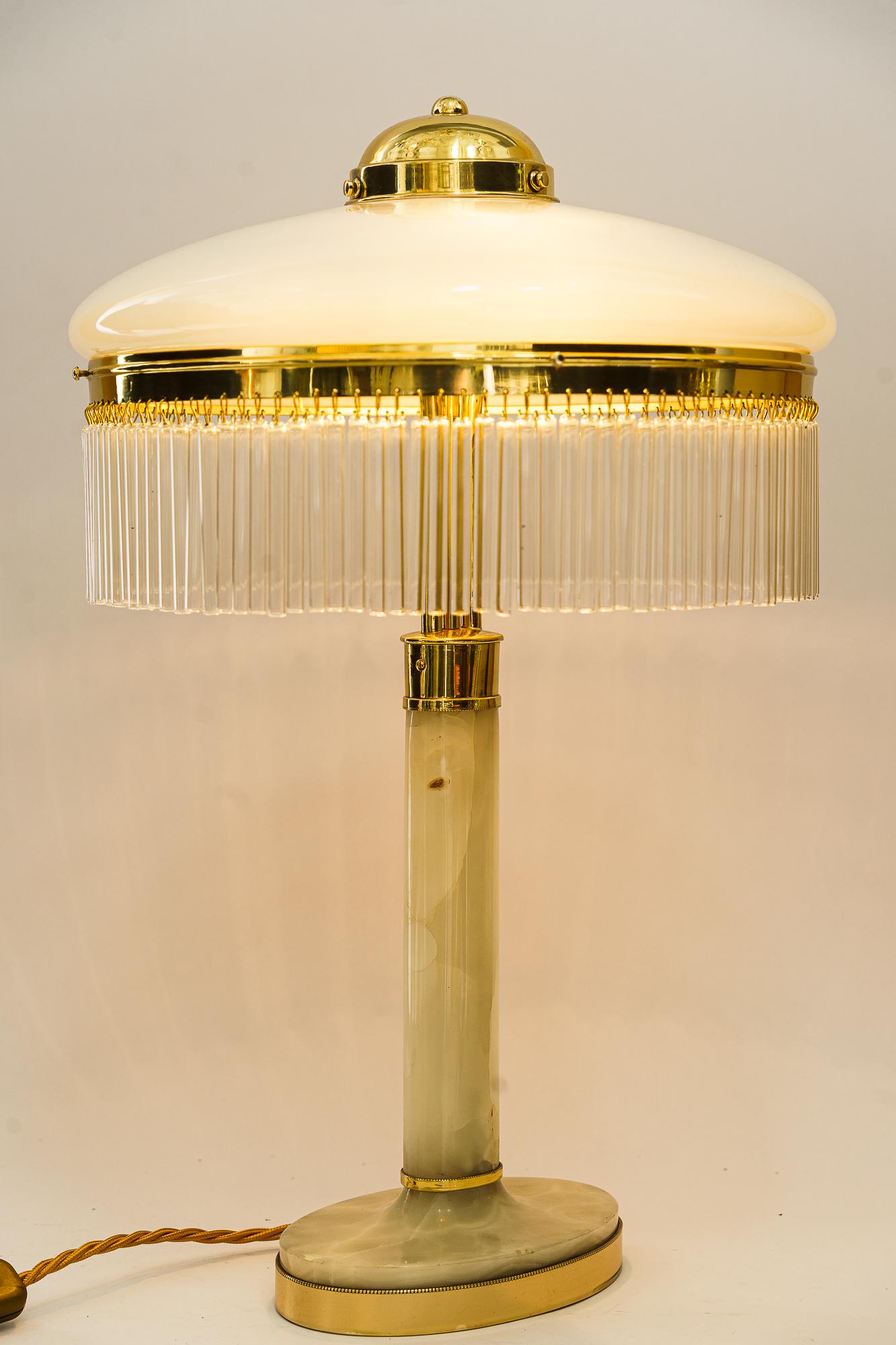 Art Deco Brass and Marble Table lamp with opal glass shade and glass sticks 1920 For Sale 7