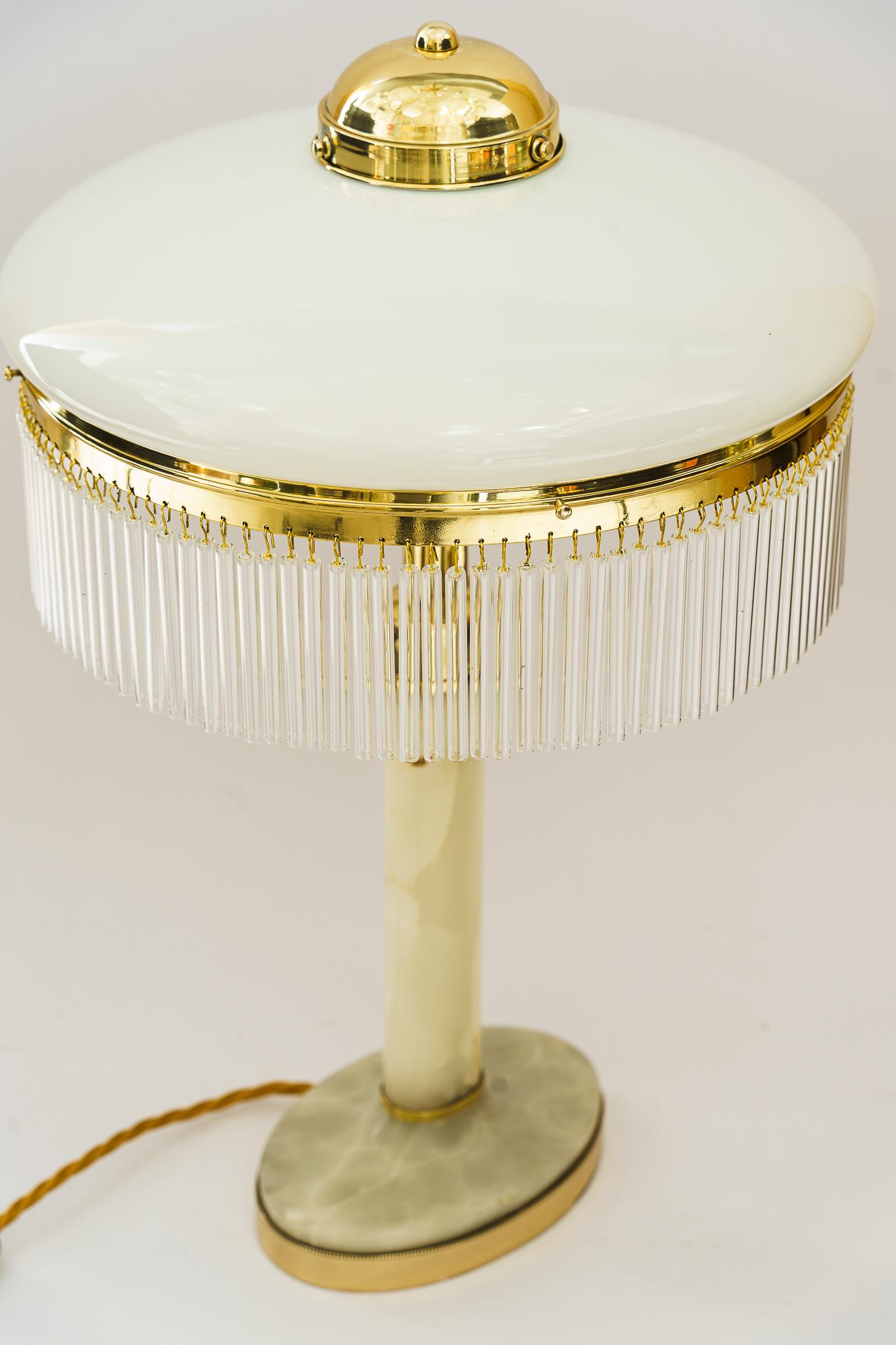 Art Deco Brass and Marble Table lamp with opal glass shade and glass sticks 1920 For Sale 8