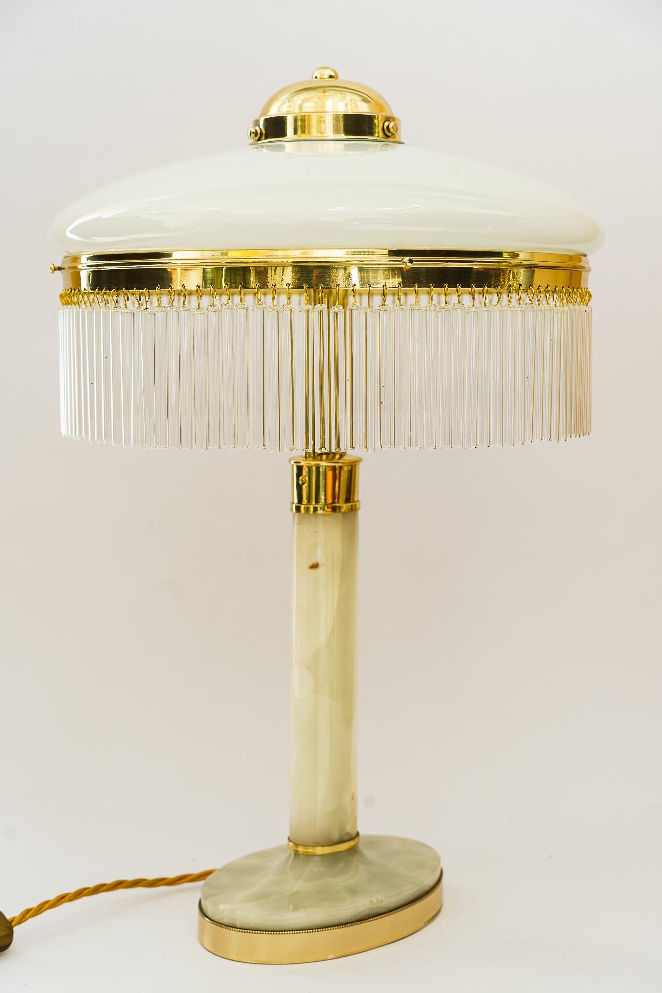 Art Deco Brass and Marble Table lamp with opal glass shade and glass sticks 1920 For Sale 9