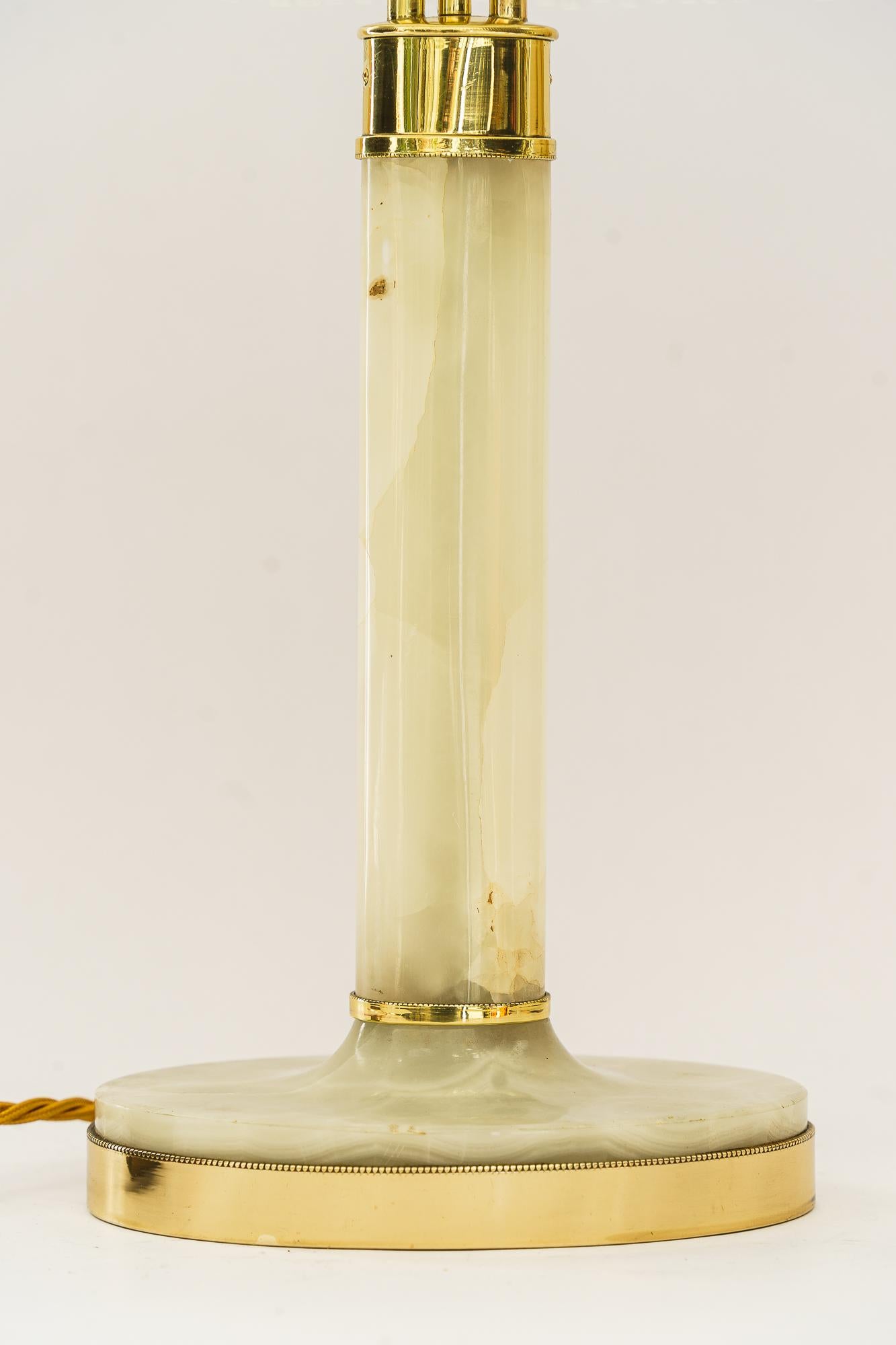 Austrian Art Deco Brass and Marble Table lamp with opal glass shade and glass sticks 1920 For Sale