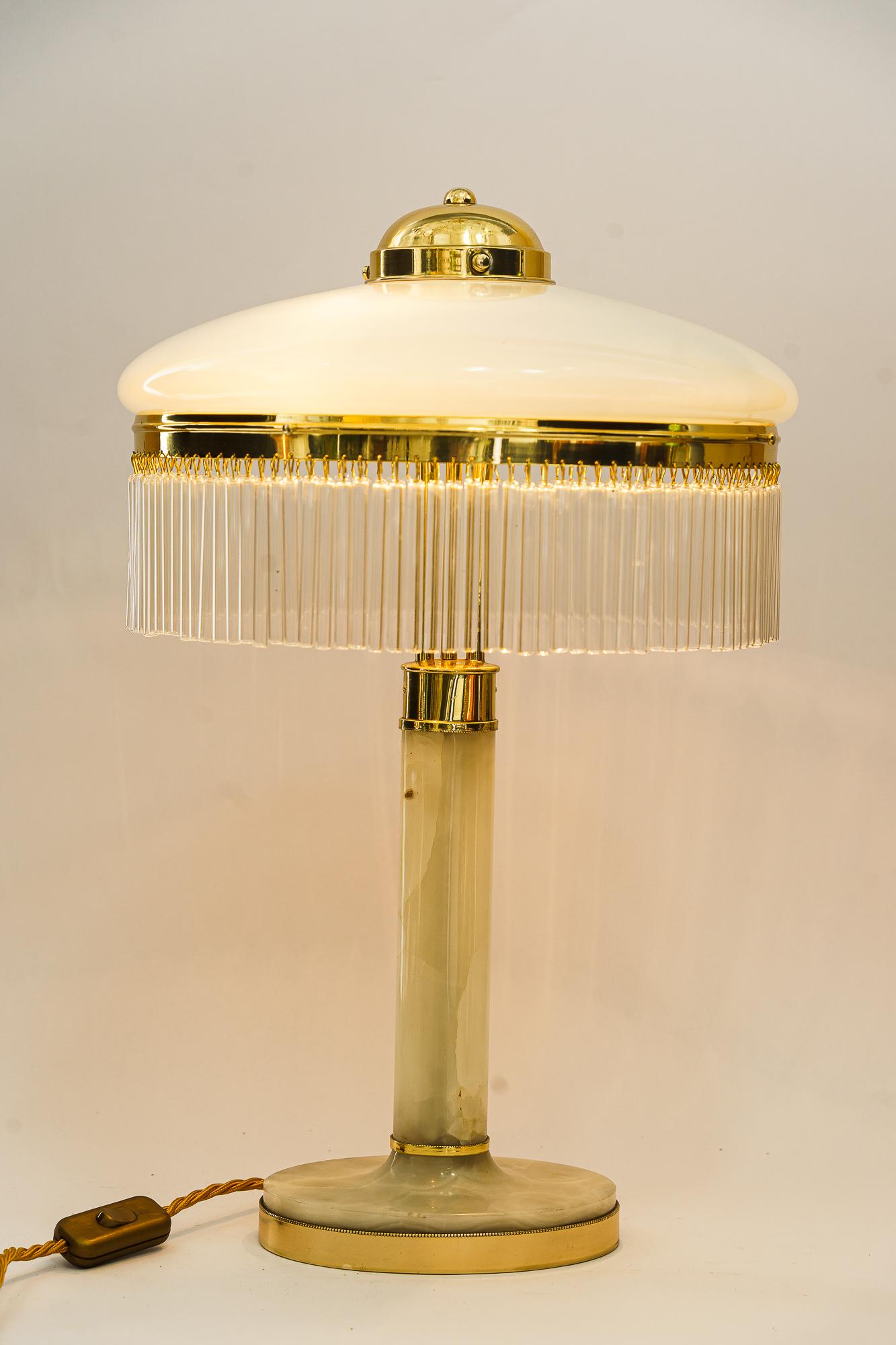 Art Deco Brass and Marble Table lamp with opal glass shade and glass sticks 1920 For Sale 2