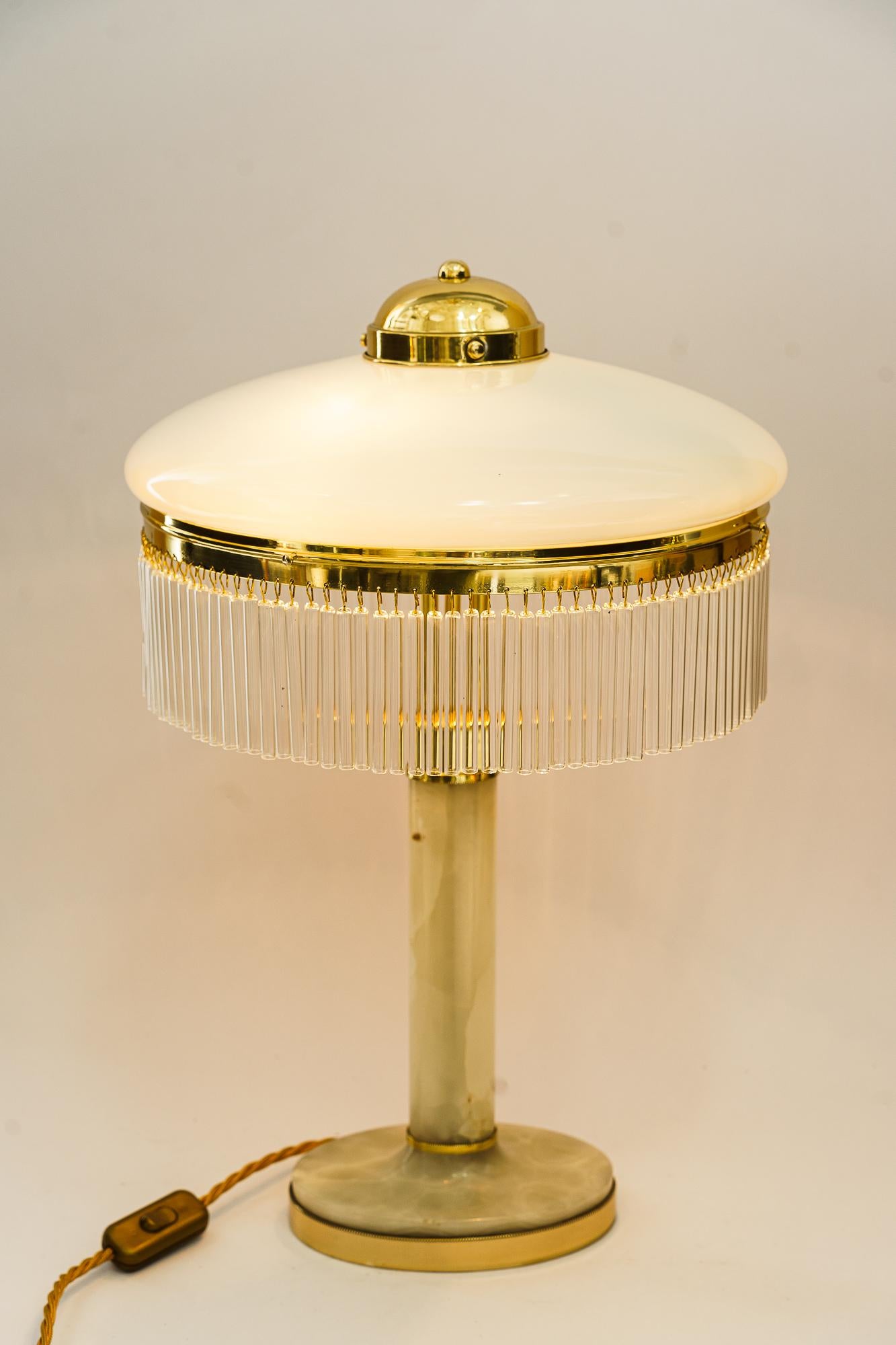Art Deco Brass and Marble Table lamp with opal glass shade and glass sticks 1920 For Sale 3