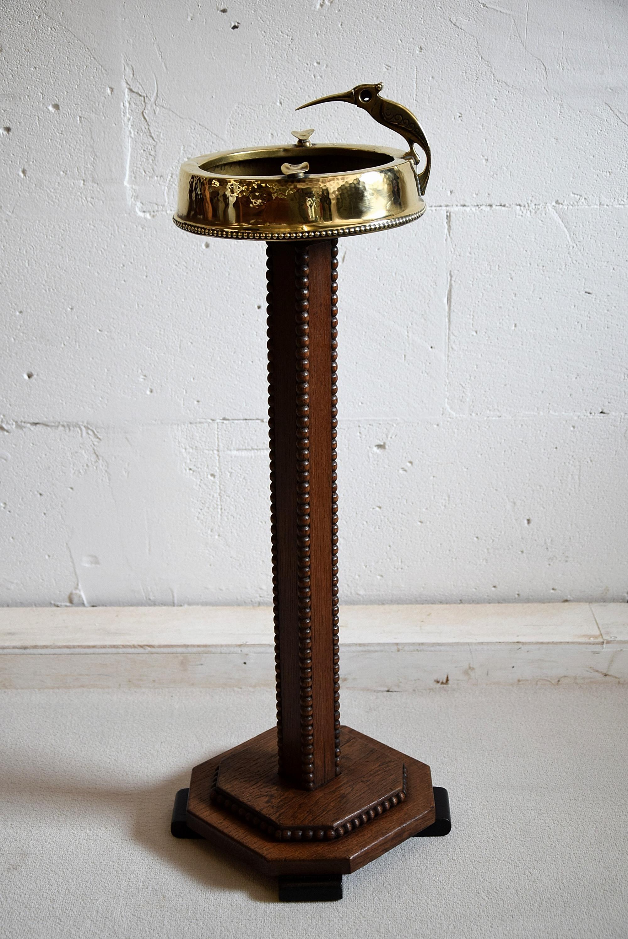 Art Deco Brass and Oak Ashtray Stand with Cigar Clipper 1