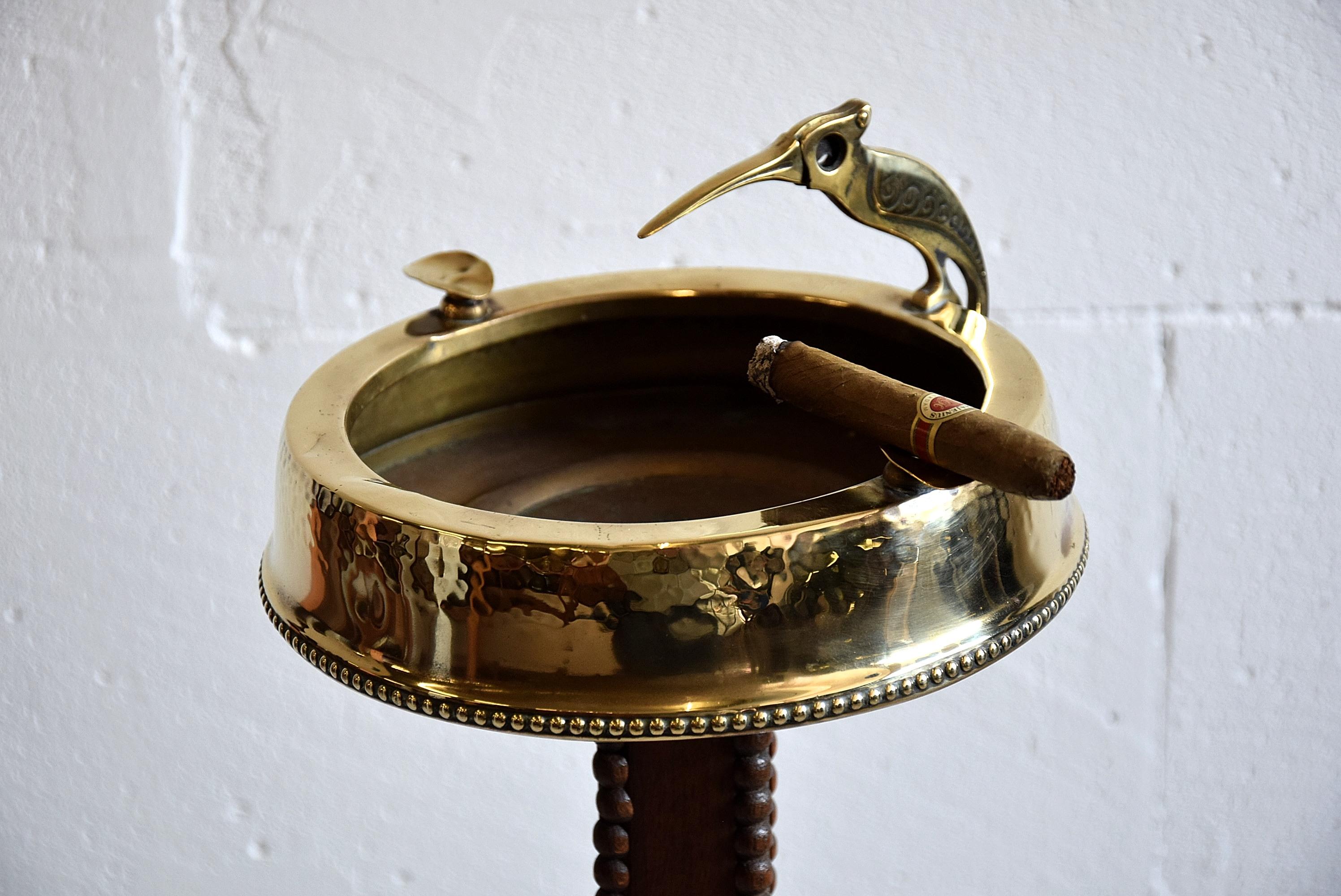 Mid-20th Century Art Deco Brass and Oak Ashtray Stand with Cigar Clipper