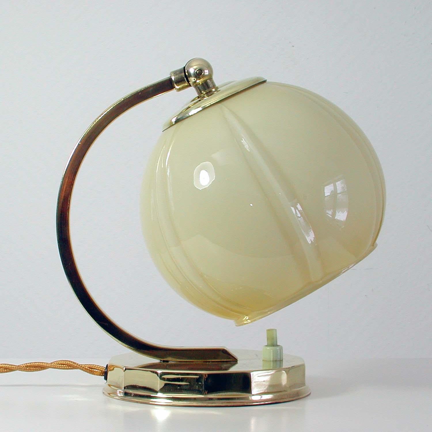 Art Deco Brass and Opal Glass Table or Bedside Lamp, Germany 1930s, Bauhaus Era In Good Condition In NUEMBRECHT, NRW