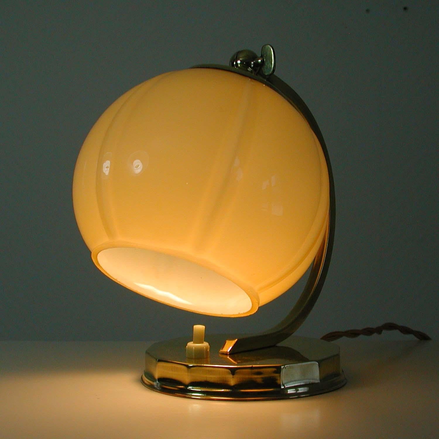 Art Deco Brass and Opal Glass Table or Bedside Lamp, Germany 1930s, Bauhaus Era 4