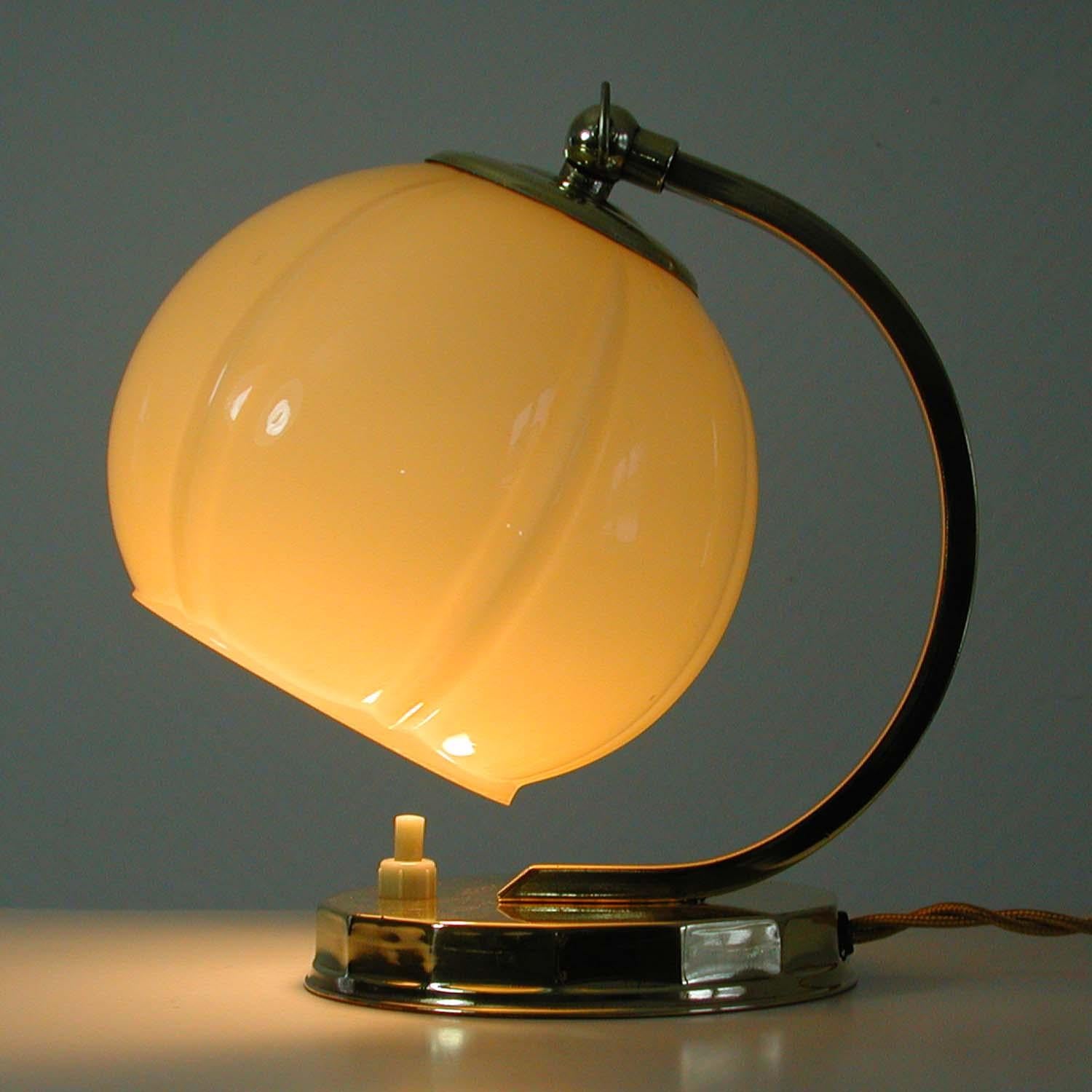 Art Deco Brass and Opal Glass Table or Bedside Lamp, Germany 1930s, Bauhaus Era 5